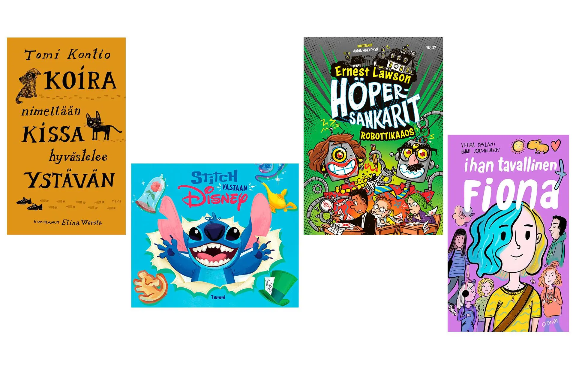 Neljän lastenkirjan kansikuvat rivissä.