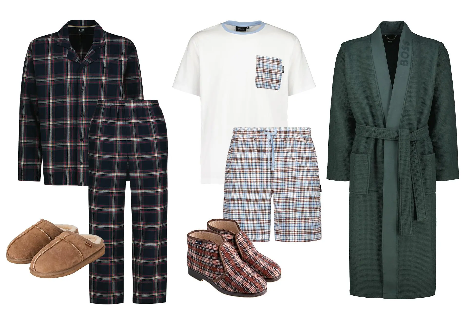 Aamutohveleita, kaksi pyjamaa ja aamutakki miehille