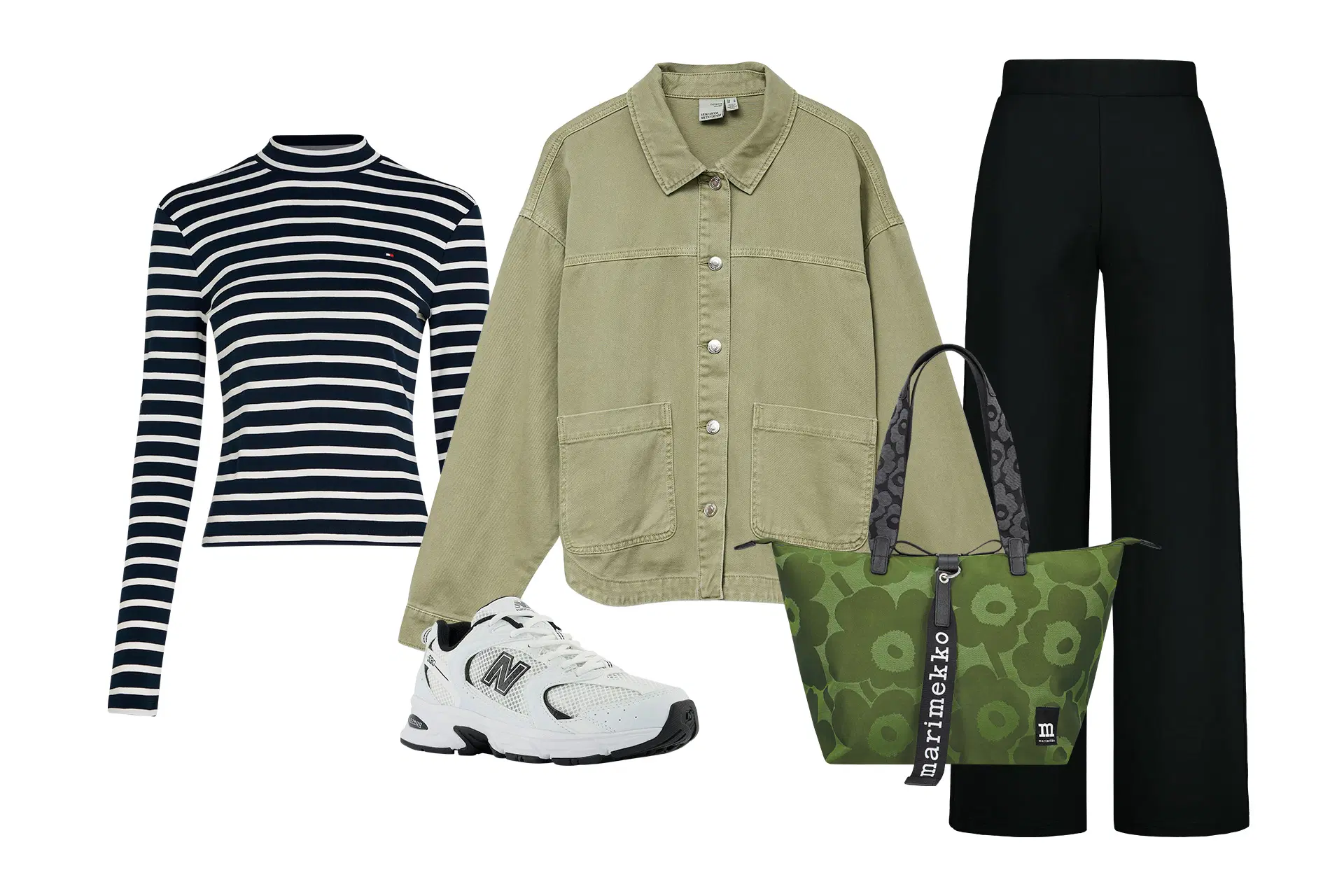 Raidallinen paita, vihreä takki, valkoinen lenkkari, mustat leveälahkeiset housut, vihreä Marimekon Unikko-laukku.