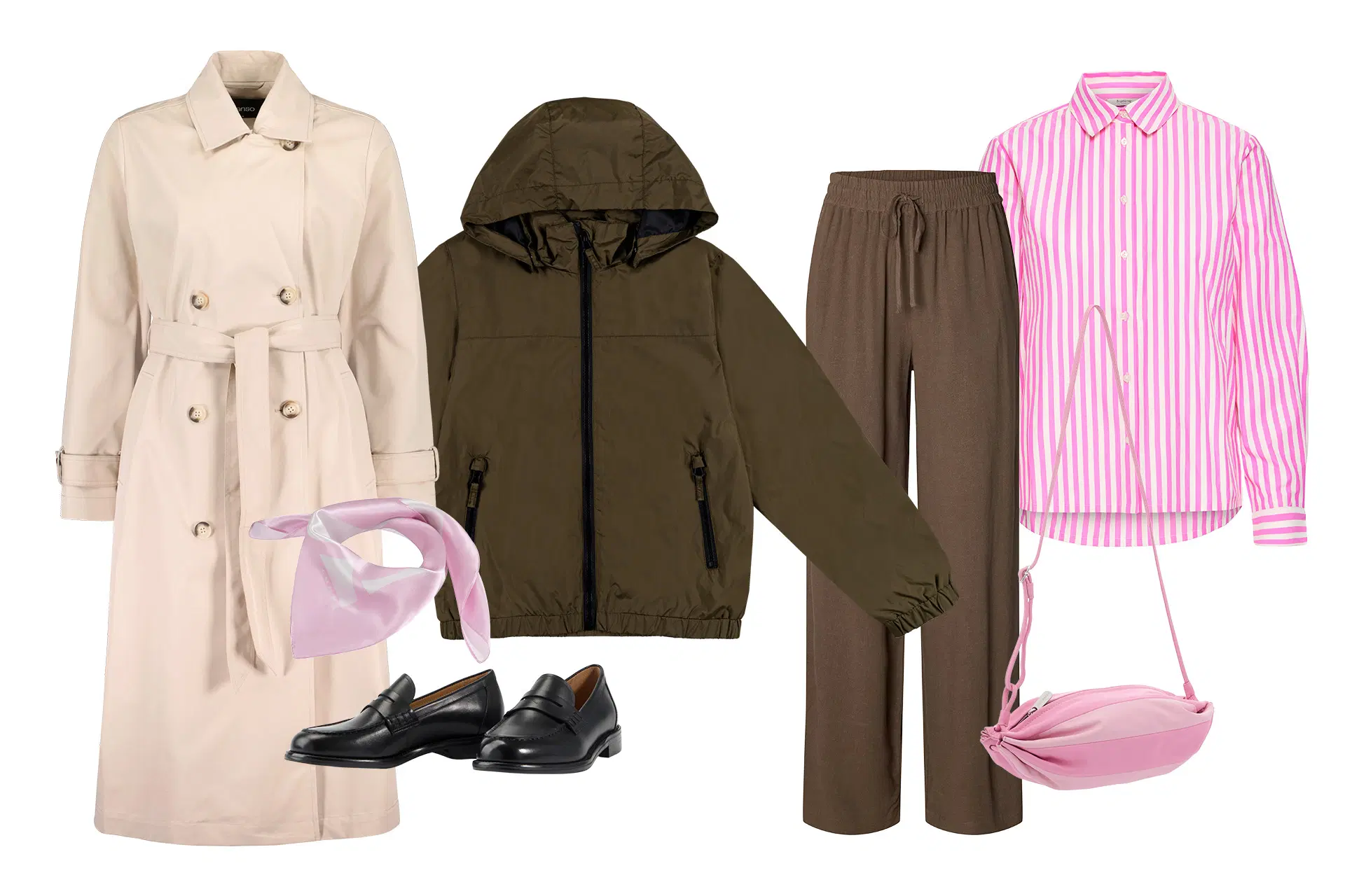 Kuvakombo vaatteista: ulkotakki, housut, kengät ja asusteita.