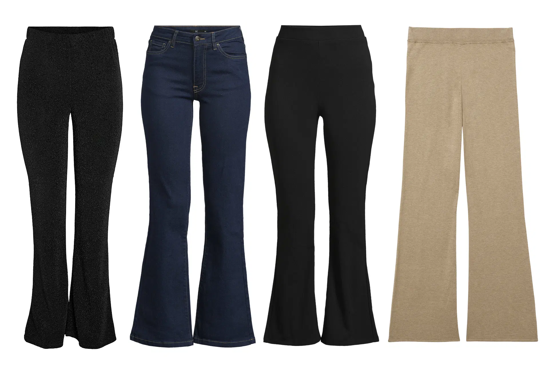 Neljä paria trumpettihousuja: kahdet mustat, farkkuiset ja beiget.