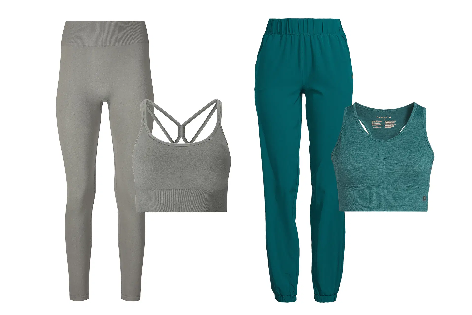 Kaksi treeniasua, joissa housut ja paita: harmaat ja vihreät.