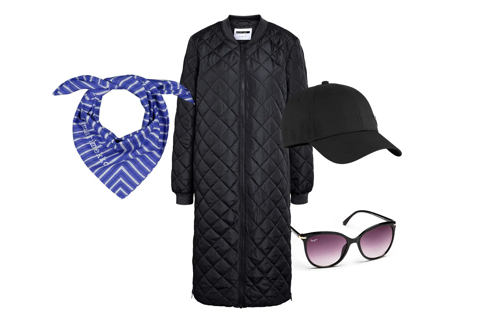 Asu, jossa lippis yhdistetty takin, aurinkolasien ja huivin kanssa.