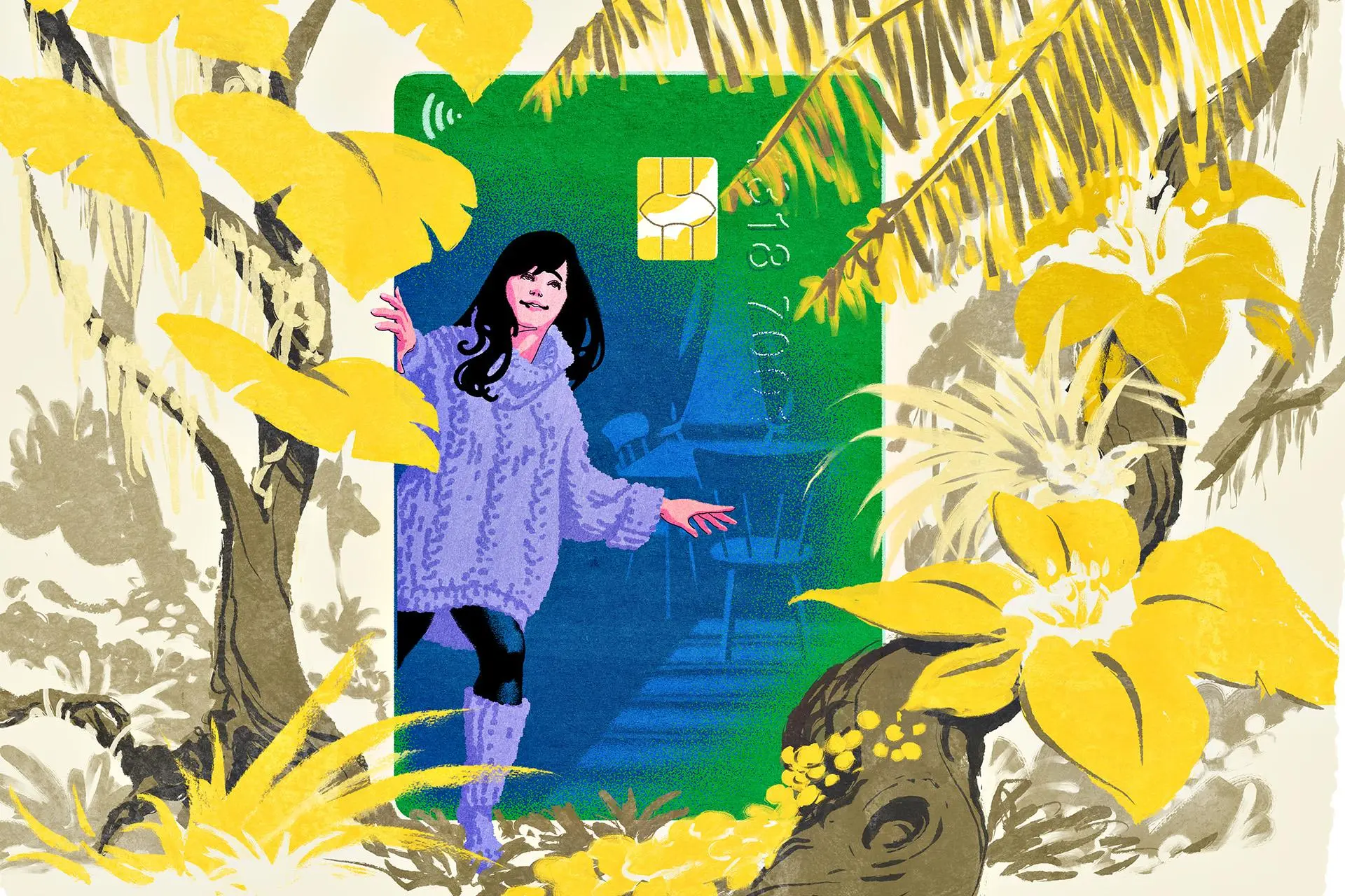 Piirroskuvituksessa nainen kurkistaa aukosta, joka muistuttaa pankkikorttia