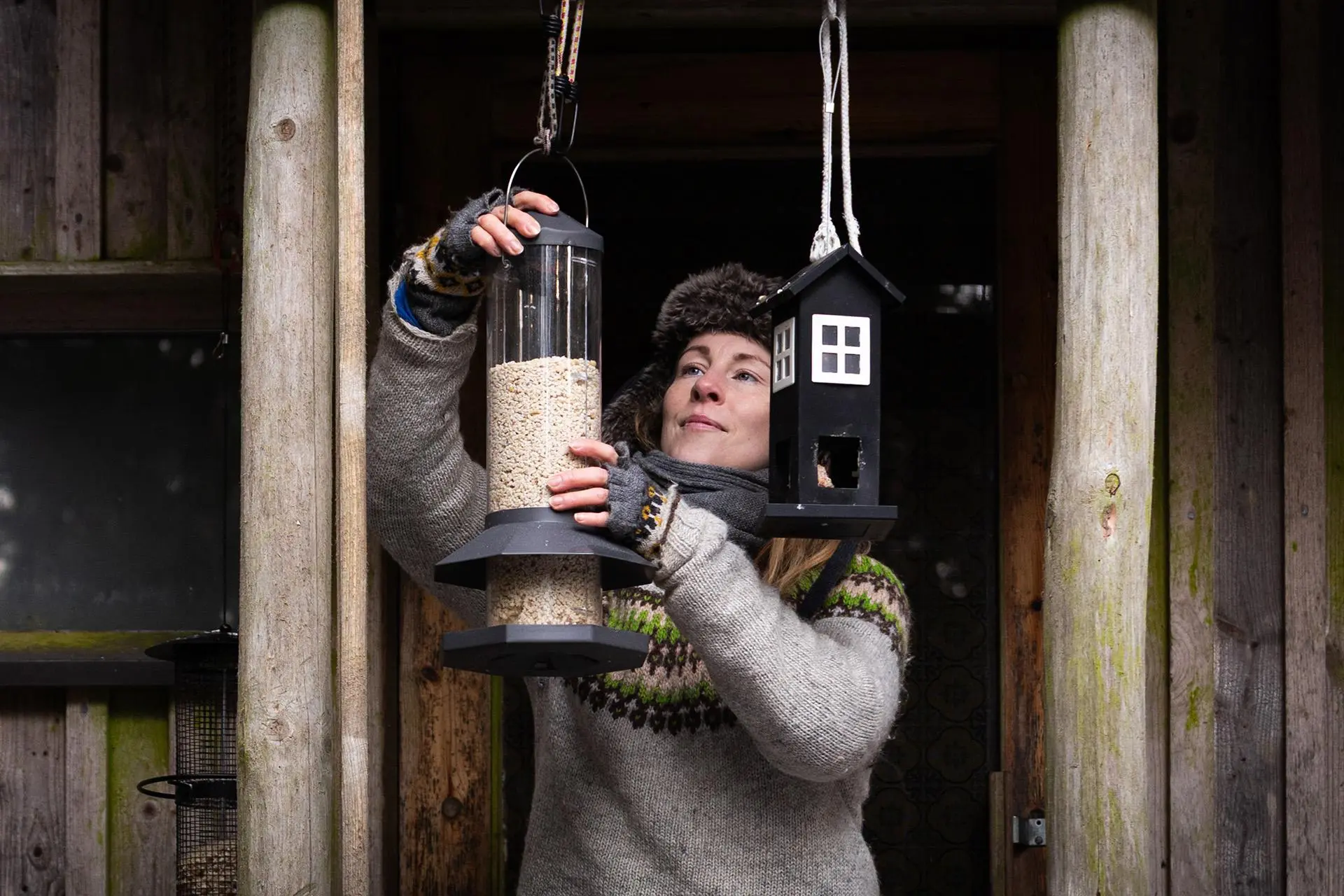 Hilja Isotalo ripustaa linnunruokatelinettä roikkumaan