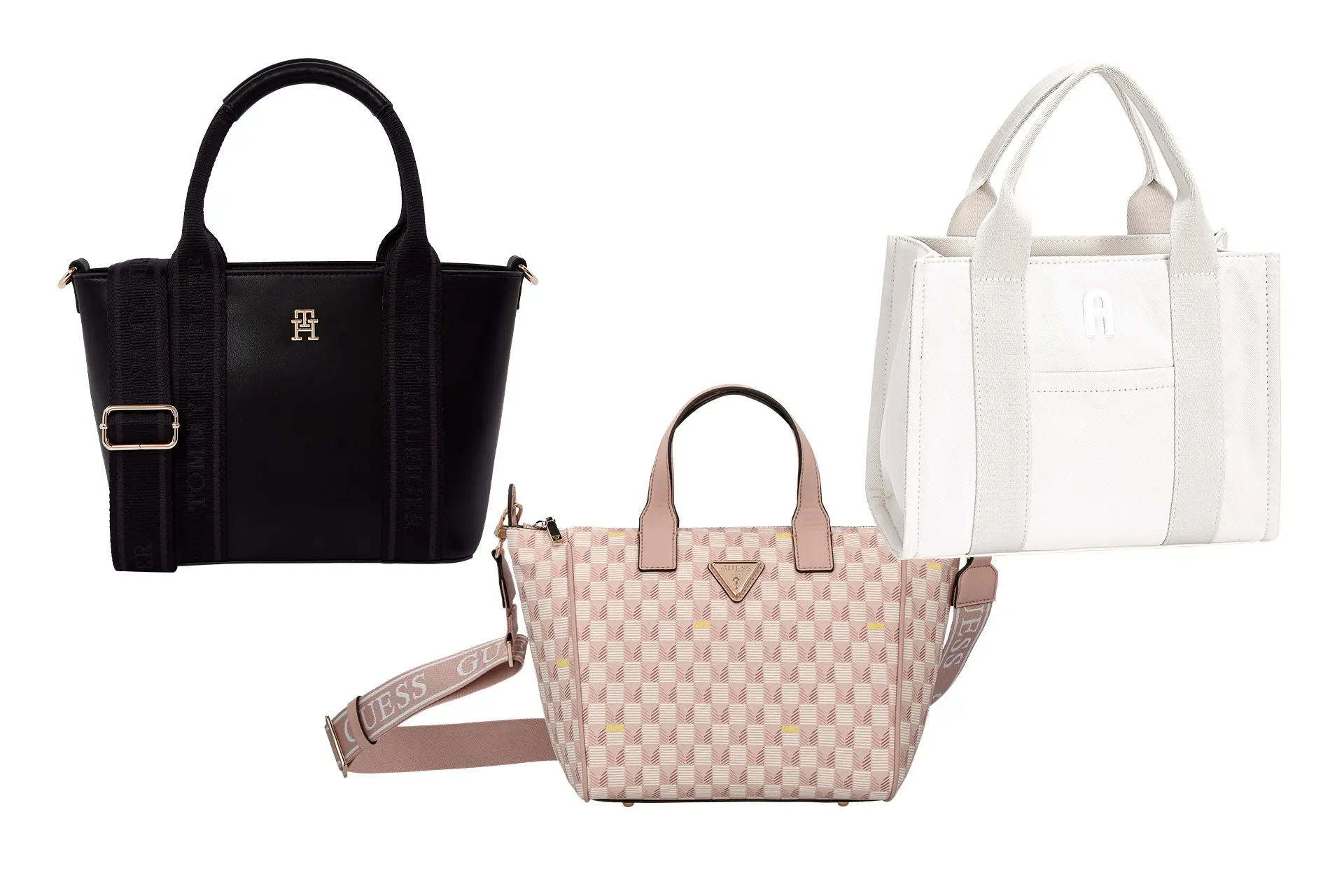 Kuvassa musta, vaalea ja valkoinen pieni tote bag.