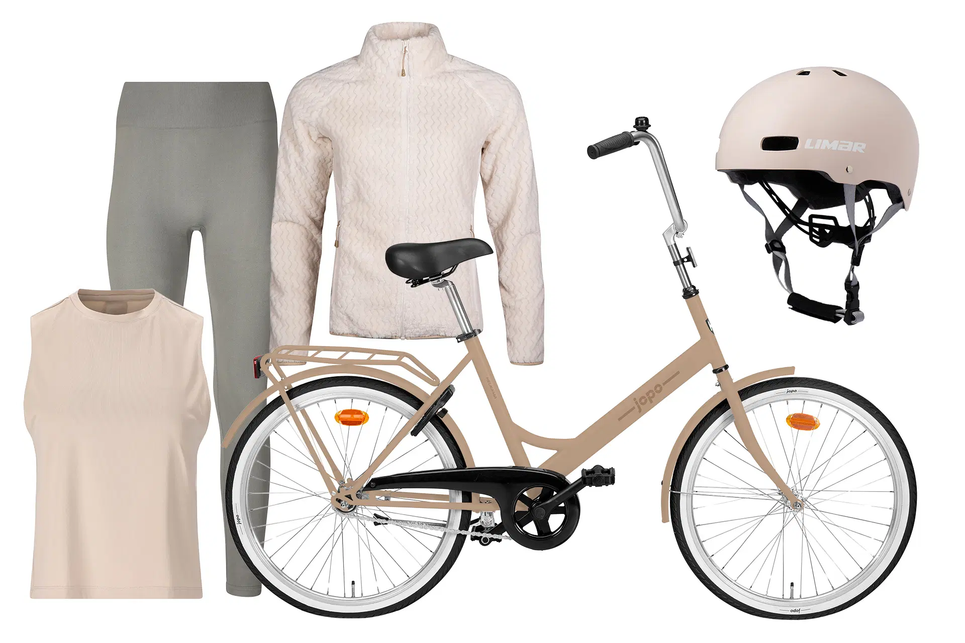 Vaalea urheiluasu ja beige polkupyörä