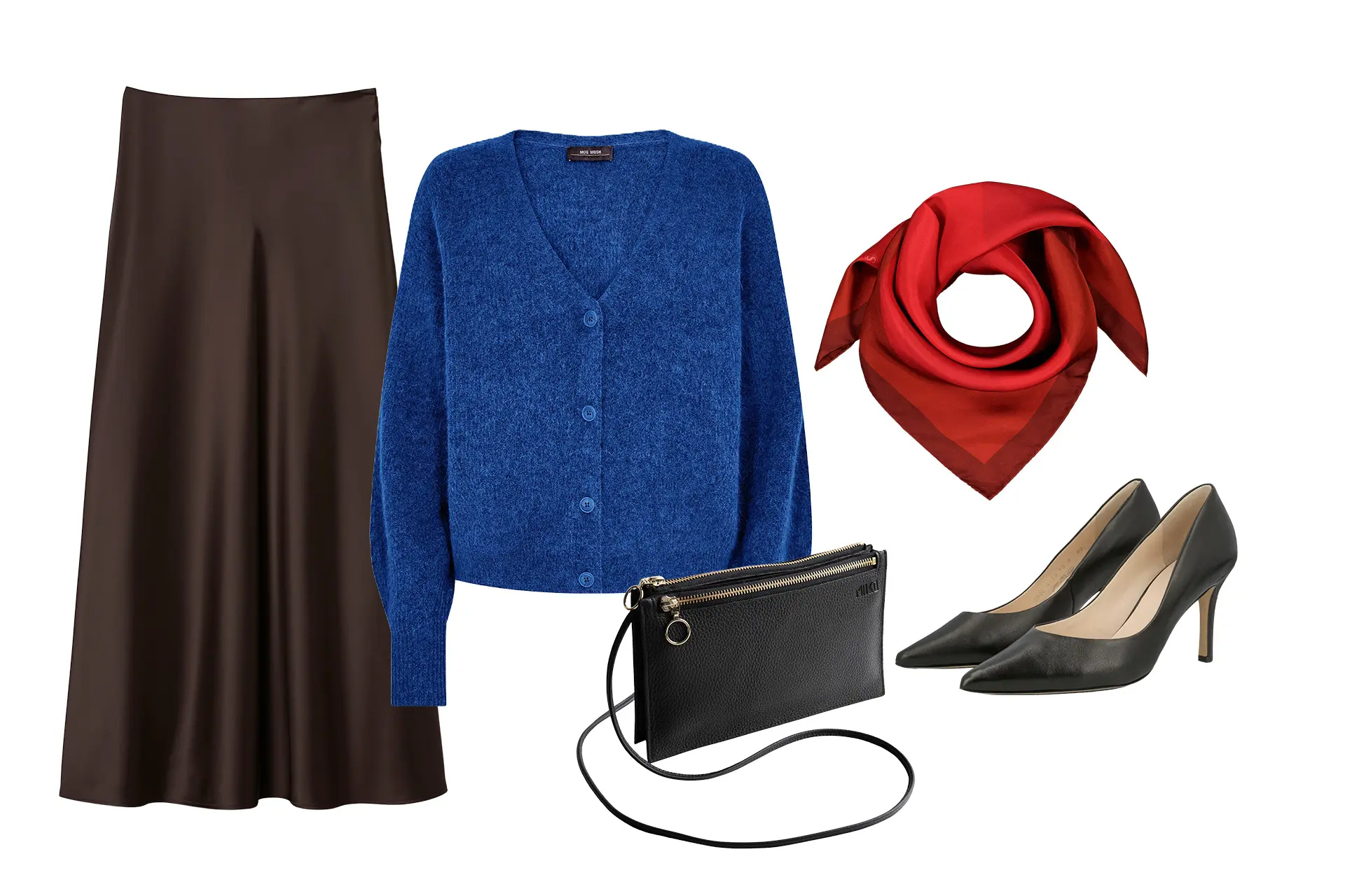 Hame, neule, korkokengät, laukku ja huivi