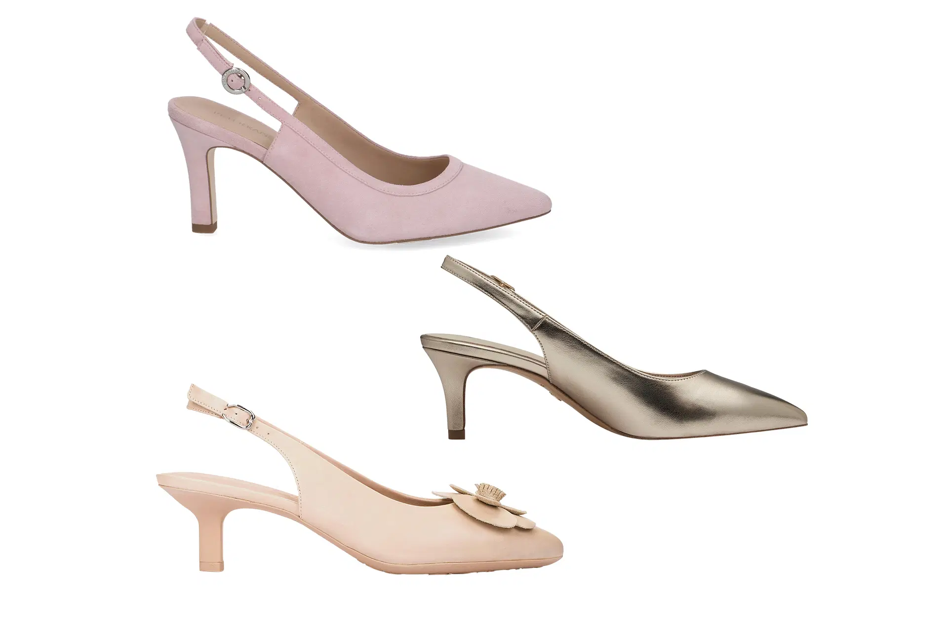 Kolmet slingback-avokkaat: vaaleanpunainen, metallinhohtoinen hopea ja nude kukkakoristeella.