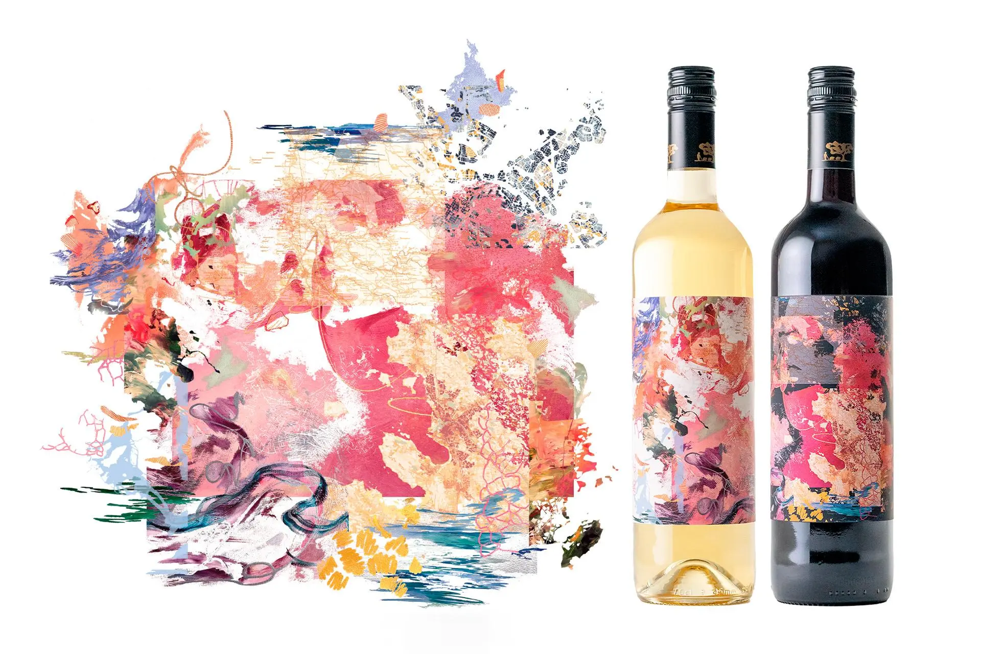 Mielestäni-tuotteisiin suunniteltu värikäs kuosi ja viinipulloja, joiden etiketissä on käytetty kuosia