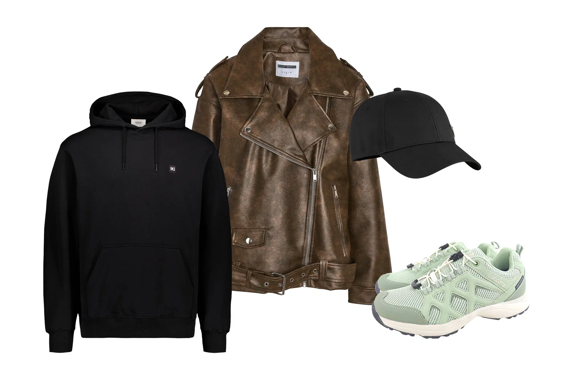 Nahkatakki, lippis, college ja lippis sekä vaelluskengät.