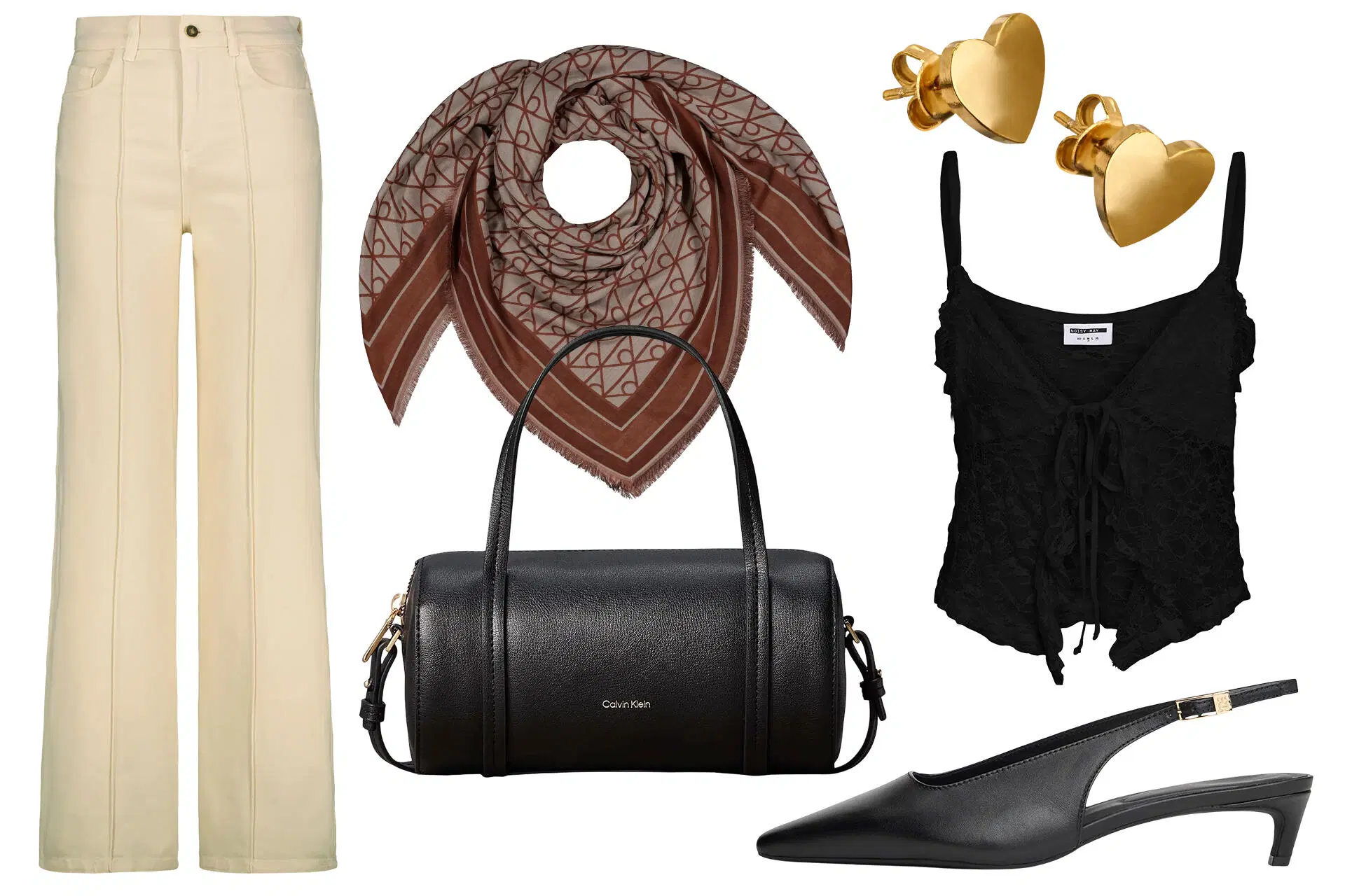 Naisten asukokonaisuus: beige leveälahkeiset housut, musta röyhelötoppI, musta slingback-korkokenkä, musta laukku, ruskea huivi, kultaiset sydänkorvakorut.