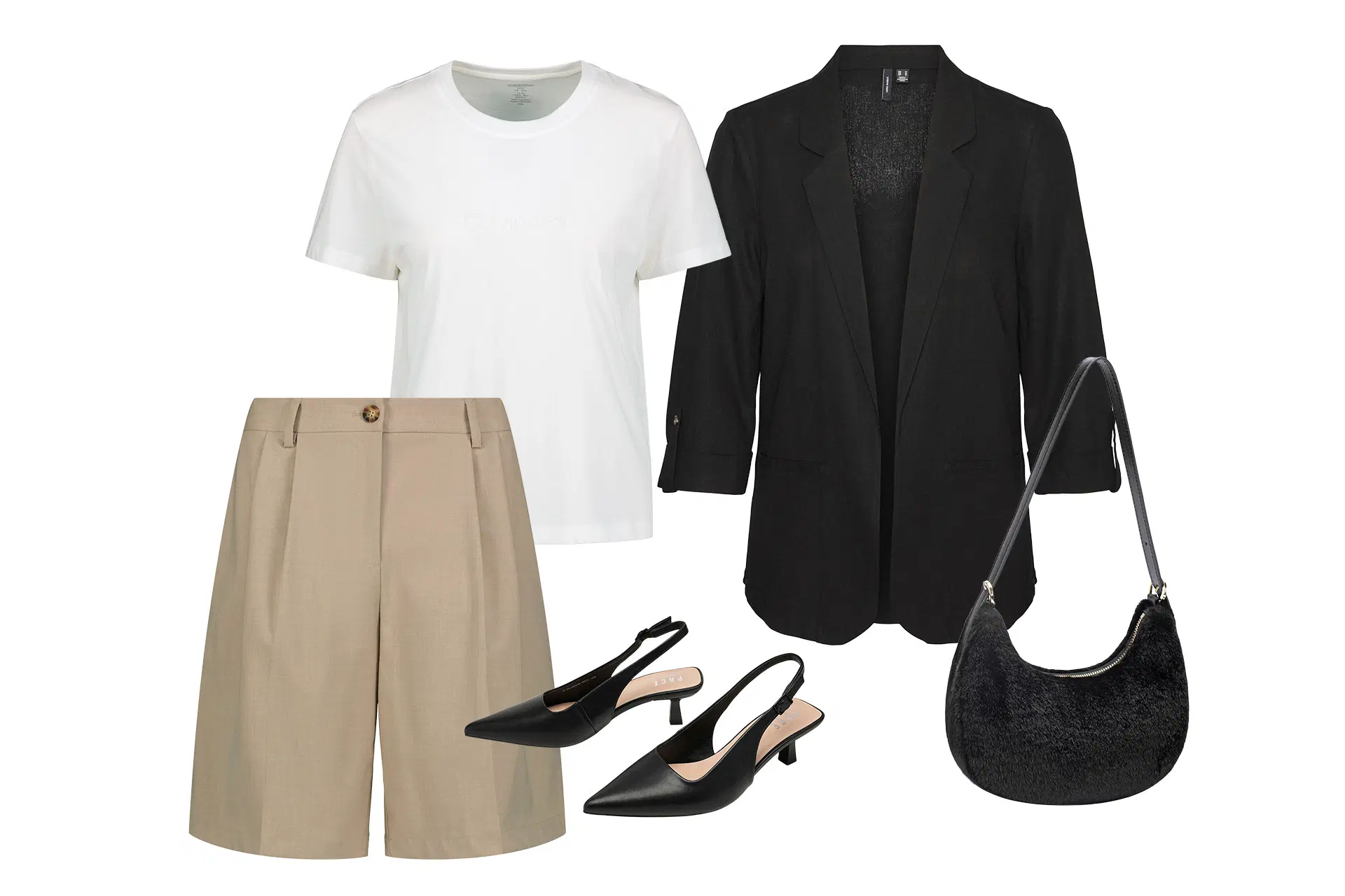 Slingback-kengät, t-paita, jakku, shortsit ja laukku.