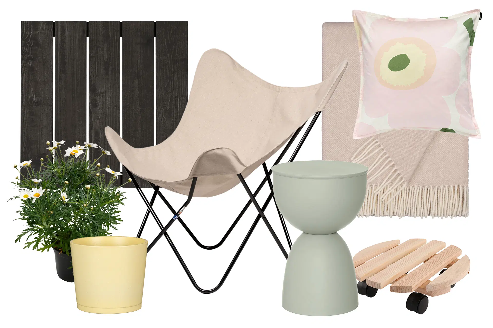 Parvekkeen kalusteita ja esineitä.