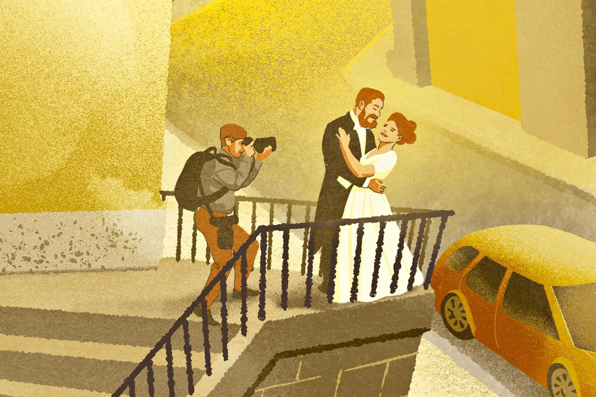 Piirroskuvituksessa valokuvaaja kuvaa hääparia