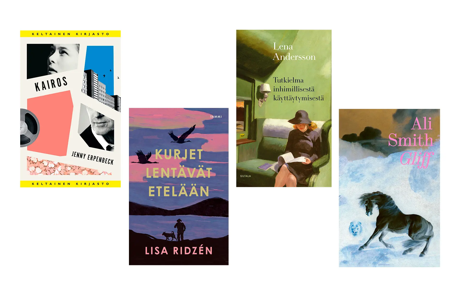Neljän kaunokirjan kansikuvat rivissä.