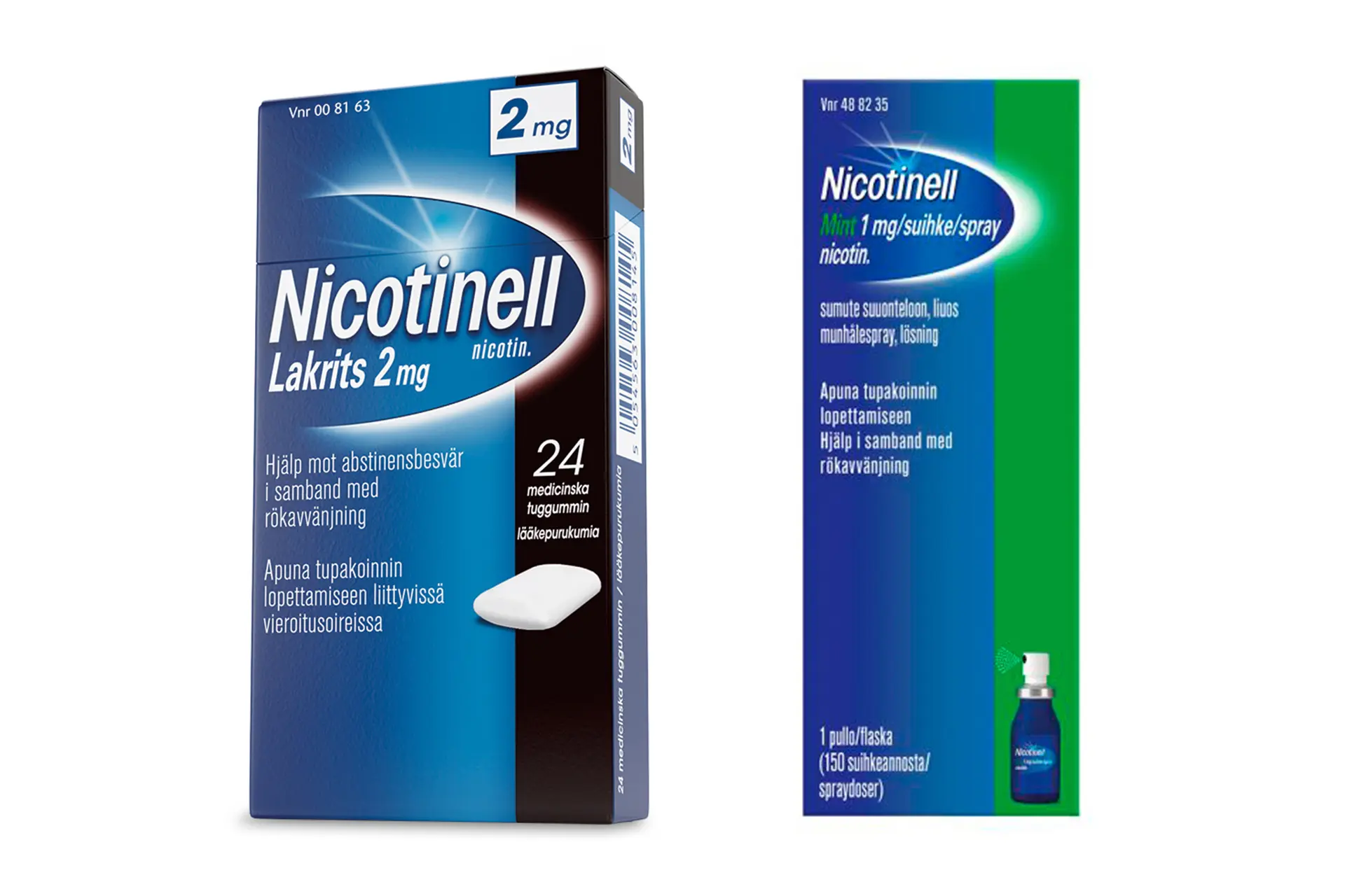 Nicotinell Lakrits lääkepurukumi ja Nicotinell Mint sumute