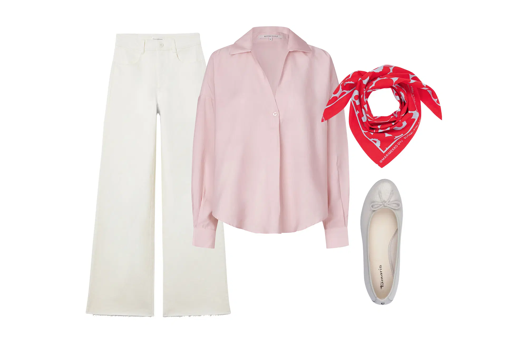 Pinkki kauluspaita, valkoiset housut ja ballerinat sekä huivi.