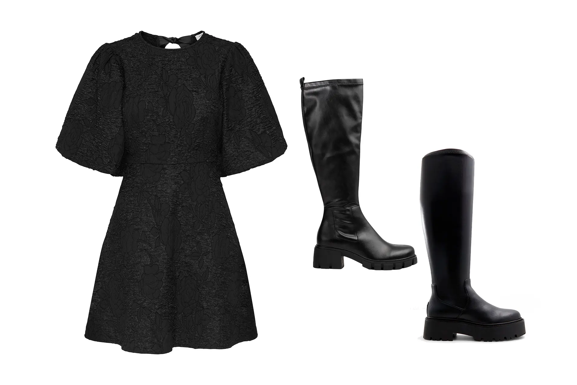 Musta minimekko ja kahdet saappaat