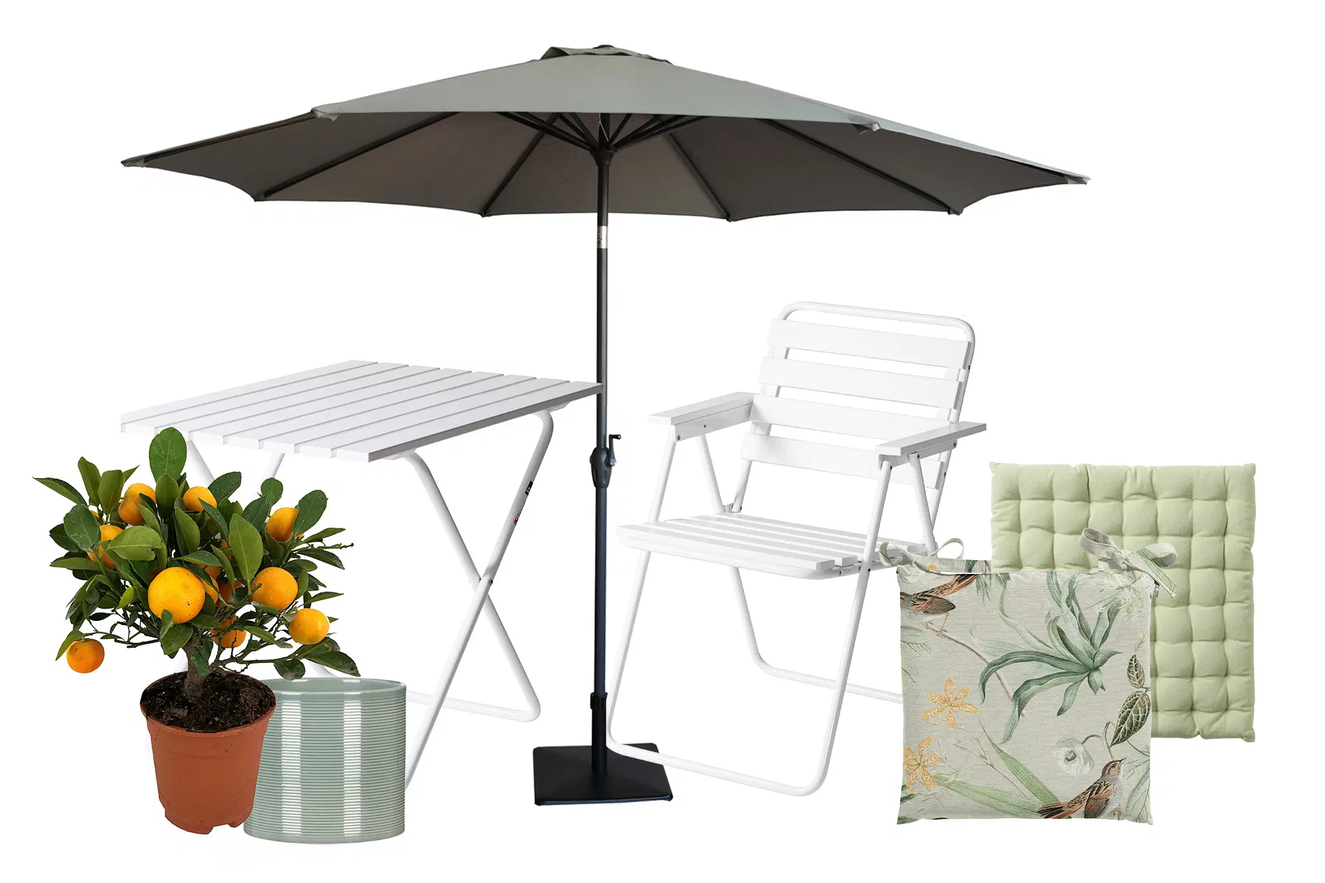 Parveke-esineitä ja kalusteita.