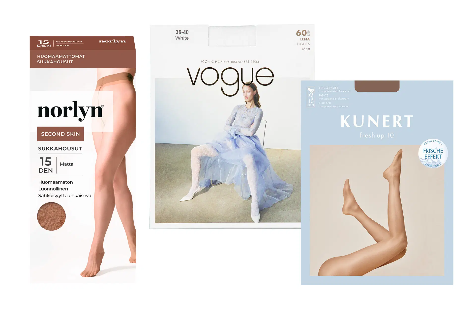 Kolmen sukkahousupakkauksen kuva: Norlyn, Vogue ja Kunert, joissa näkyy jalat ja neutraalit sävyt.