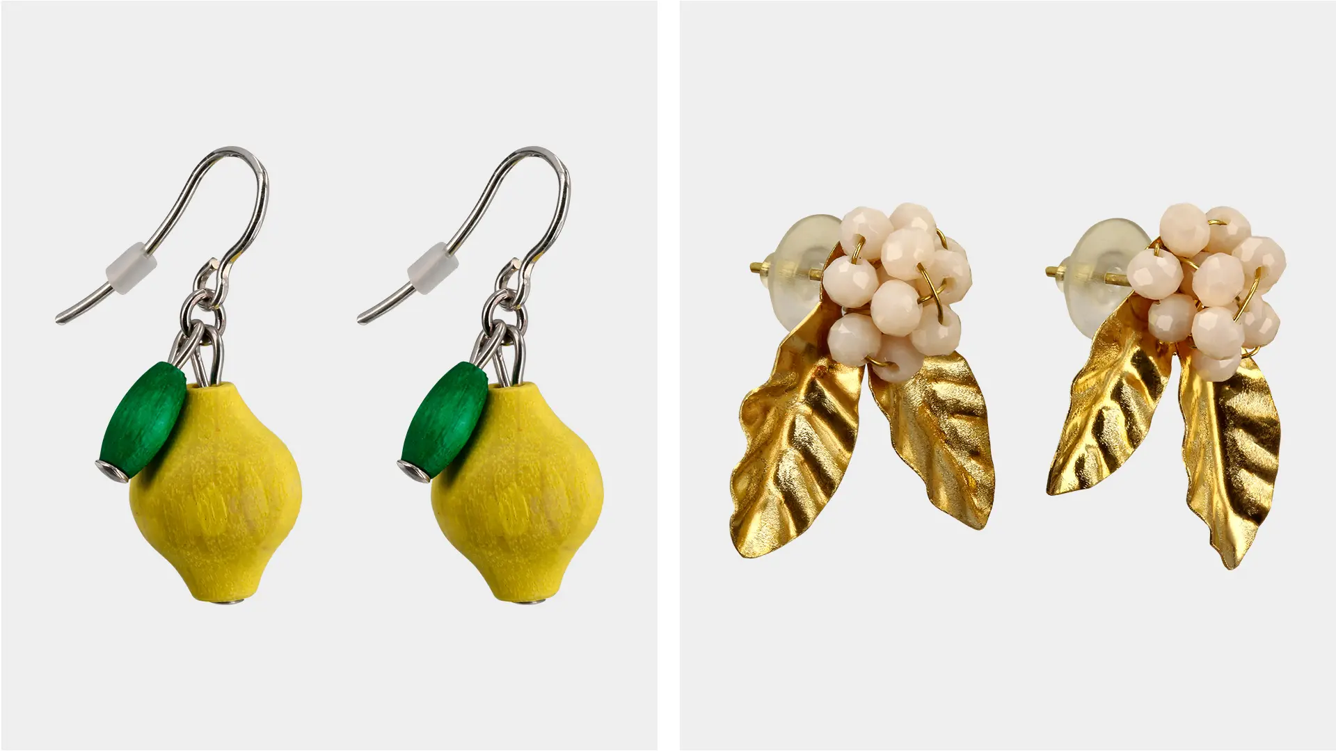 Hedelmäkorvakorut, keltaiset ja kuparin väriset.