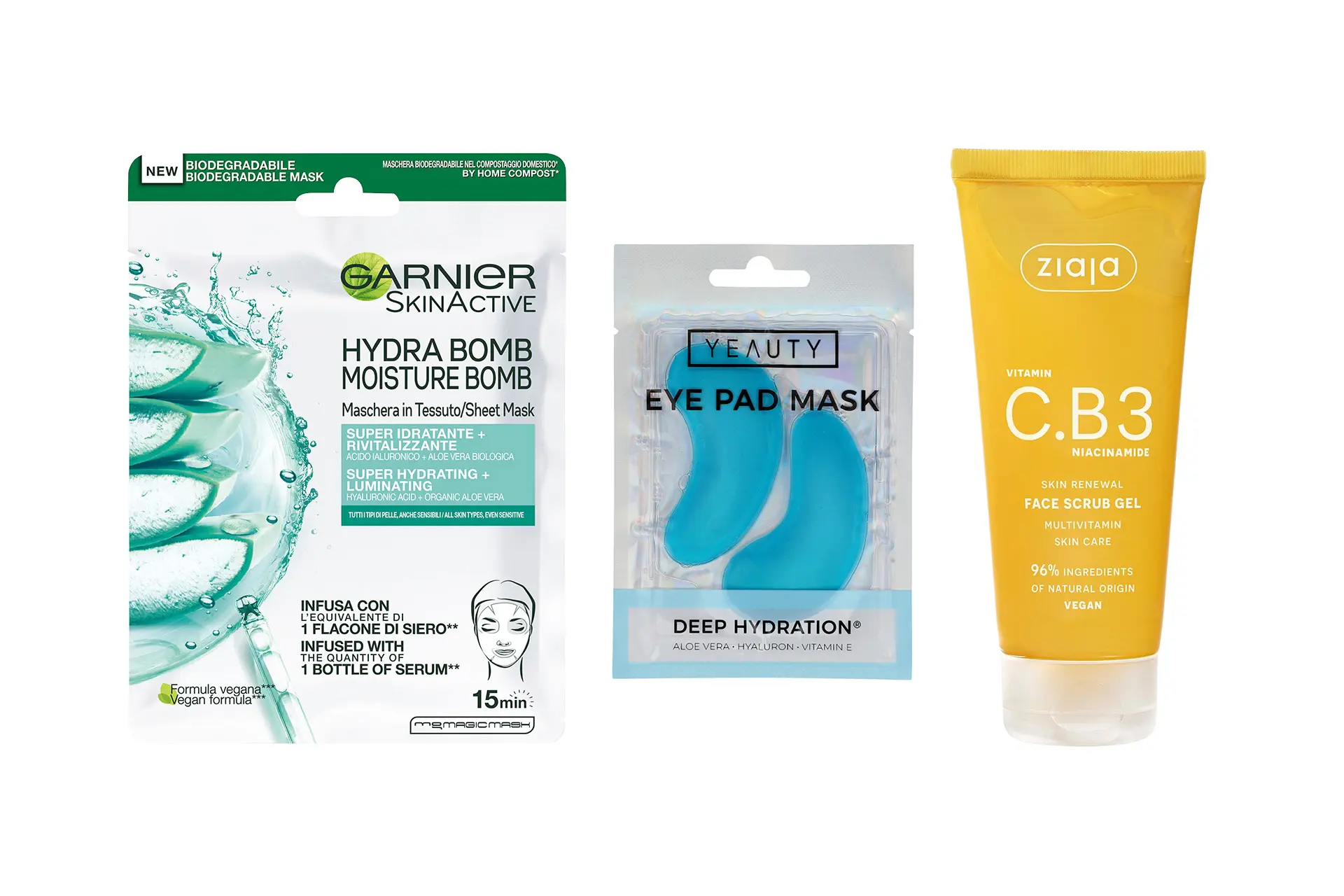 Kosteuttava naamio, silmälaput ja kasvokuorinta