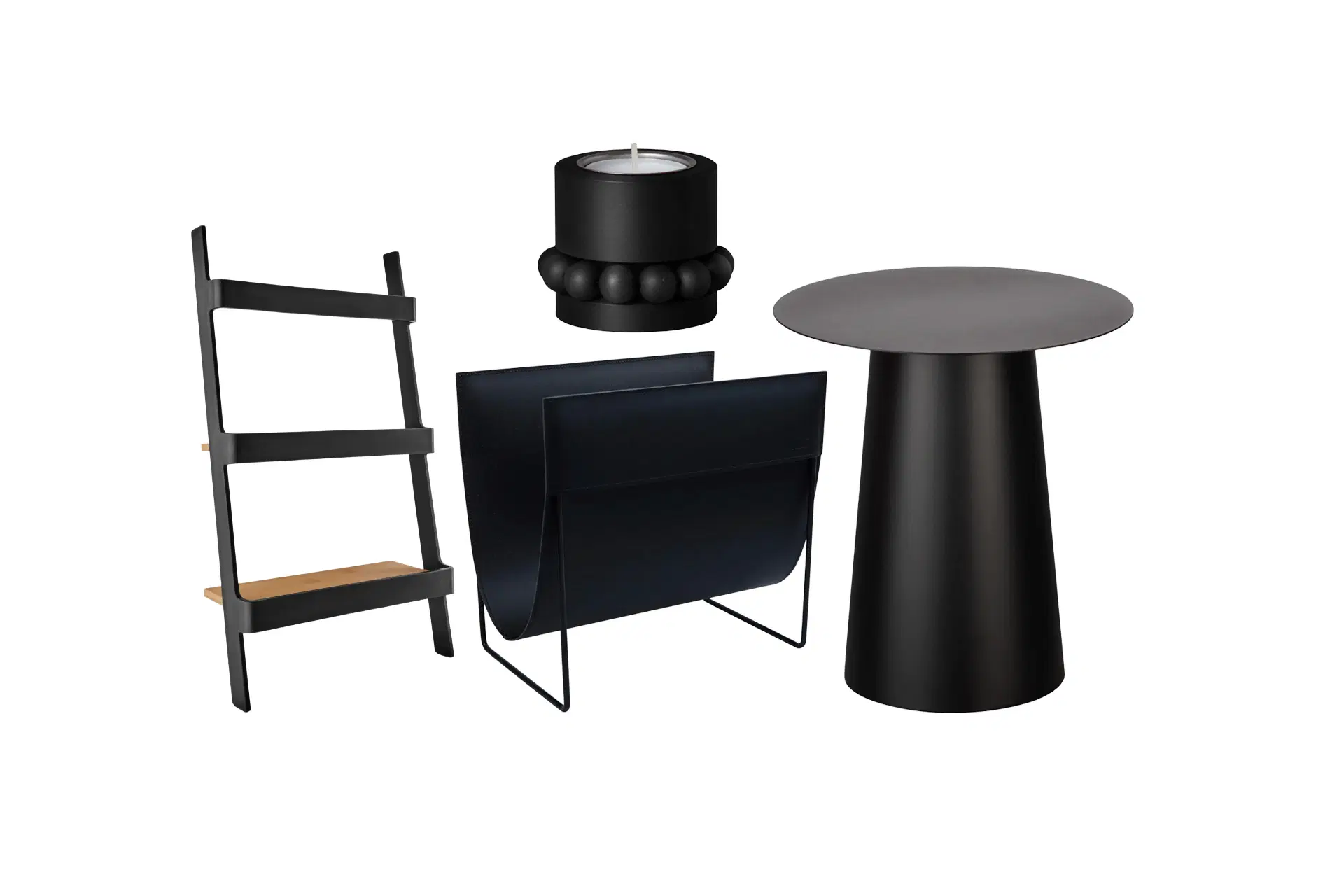 Mustia sisustusesineitä.