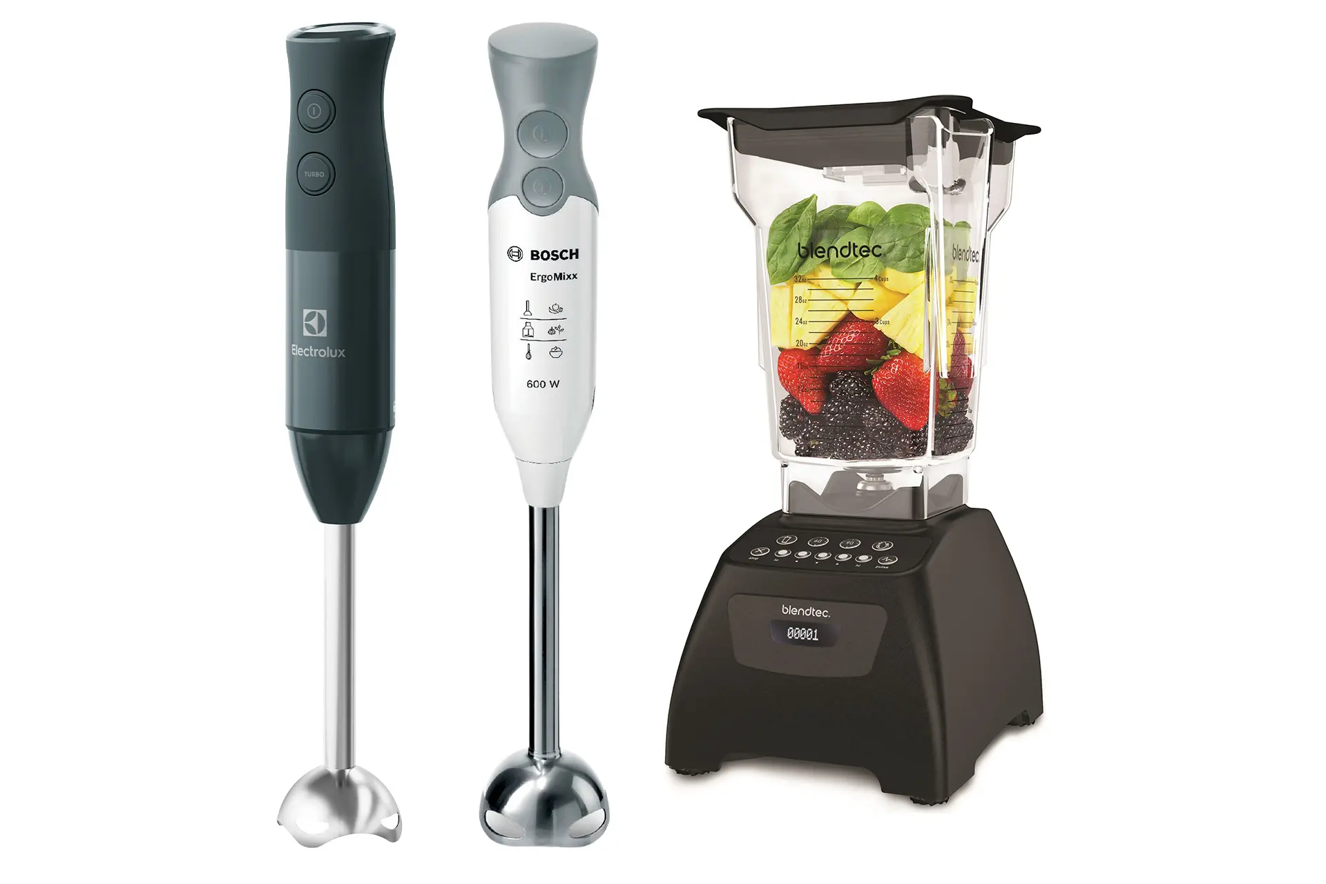 Kaksi sauvasekoitinta ja tehosekoitin