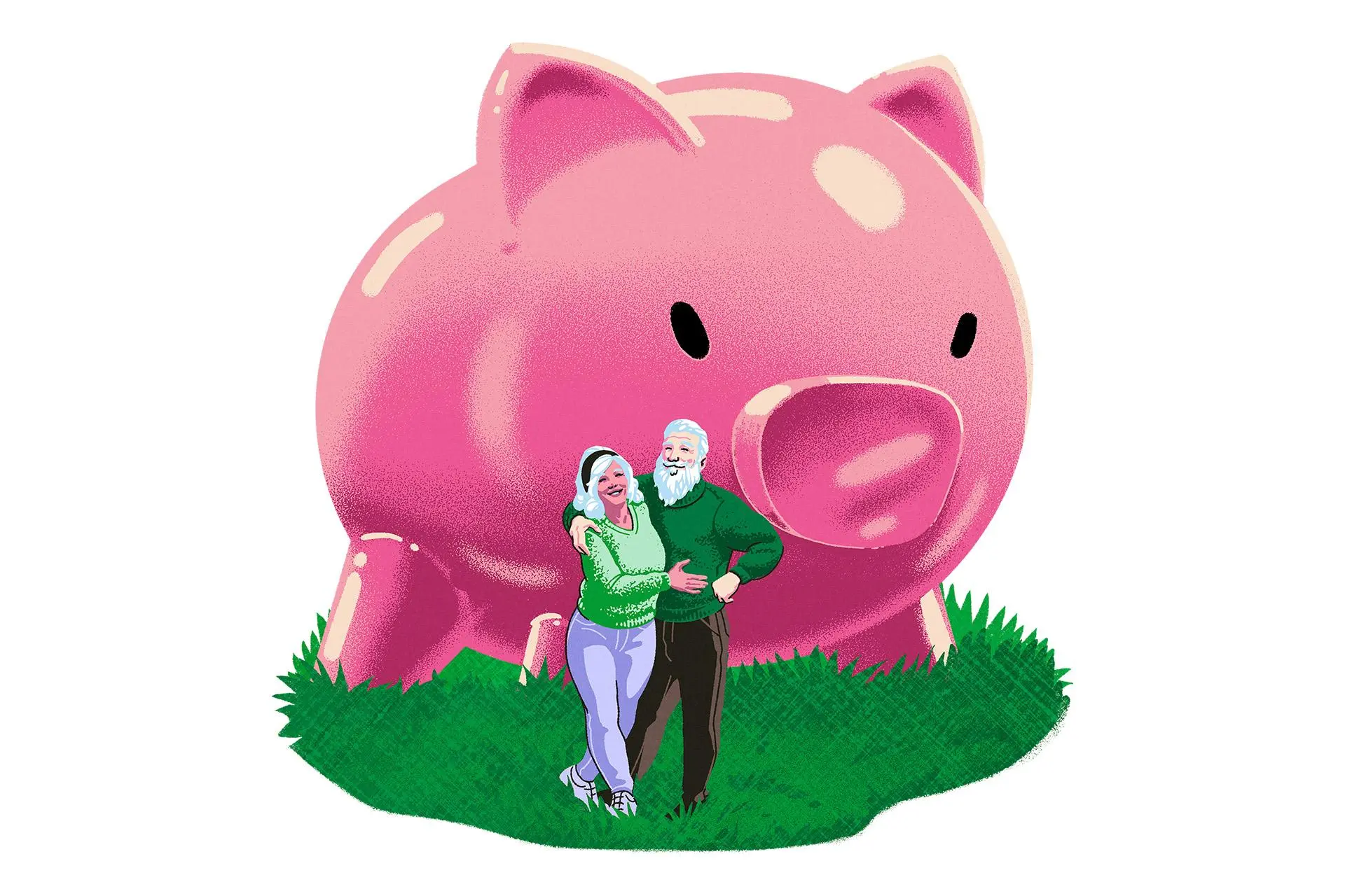 Piirroskuva pariskunnasta jättisuuren säästöpossun edessä