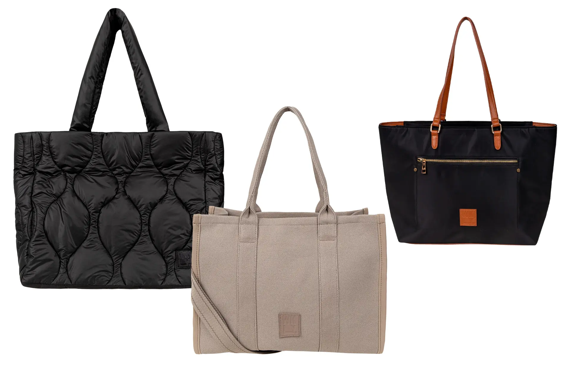 Kuvassa kaksi isoa mustaa ja yksi iso beige tote bag.