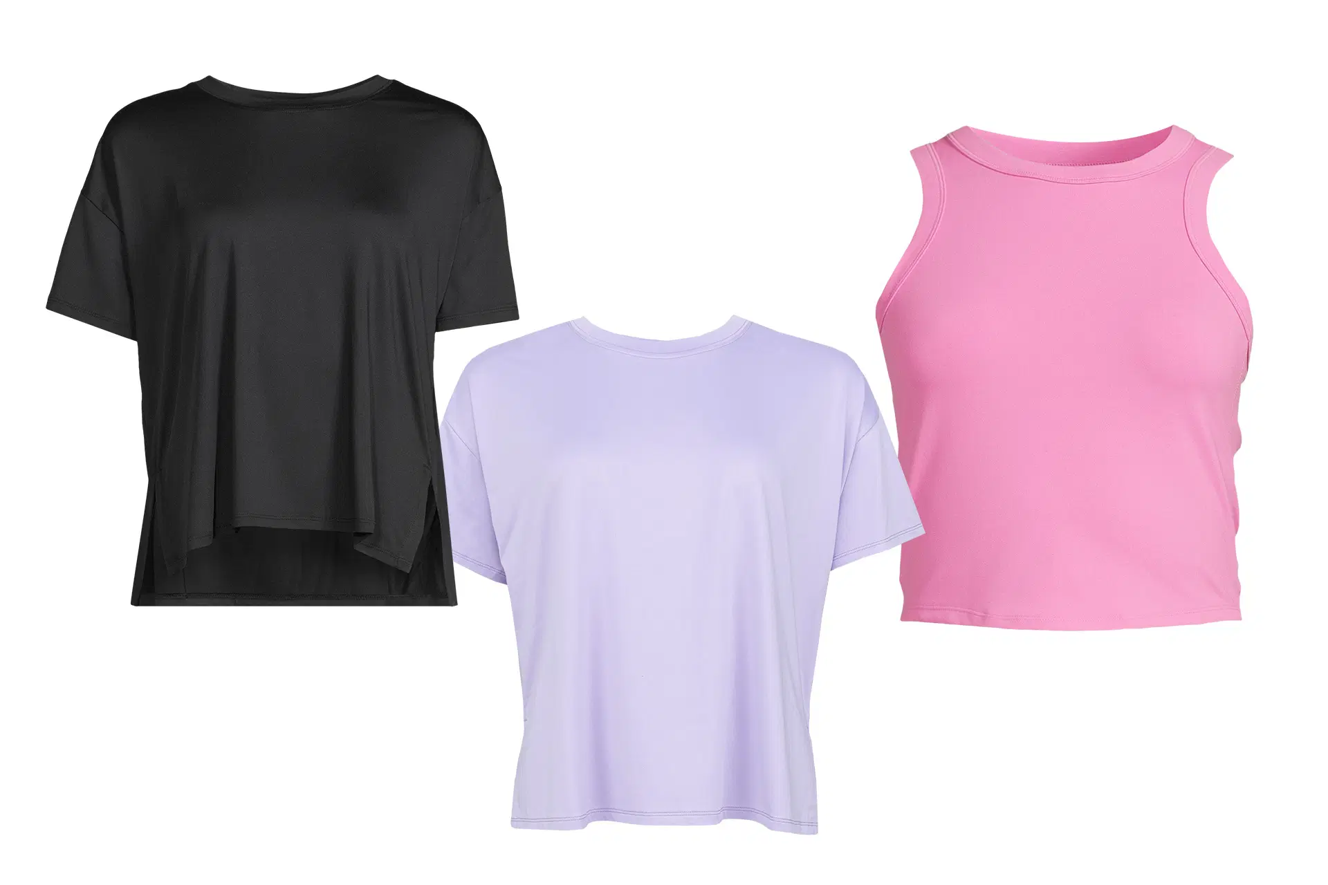 Musta lyhythihainen treenipaita, violetti lyhythihainen treenipaita ja hihaton pinkki treenipaita.