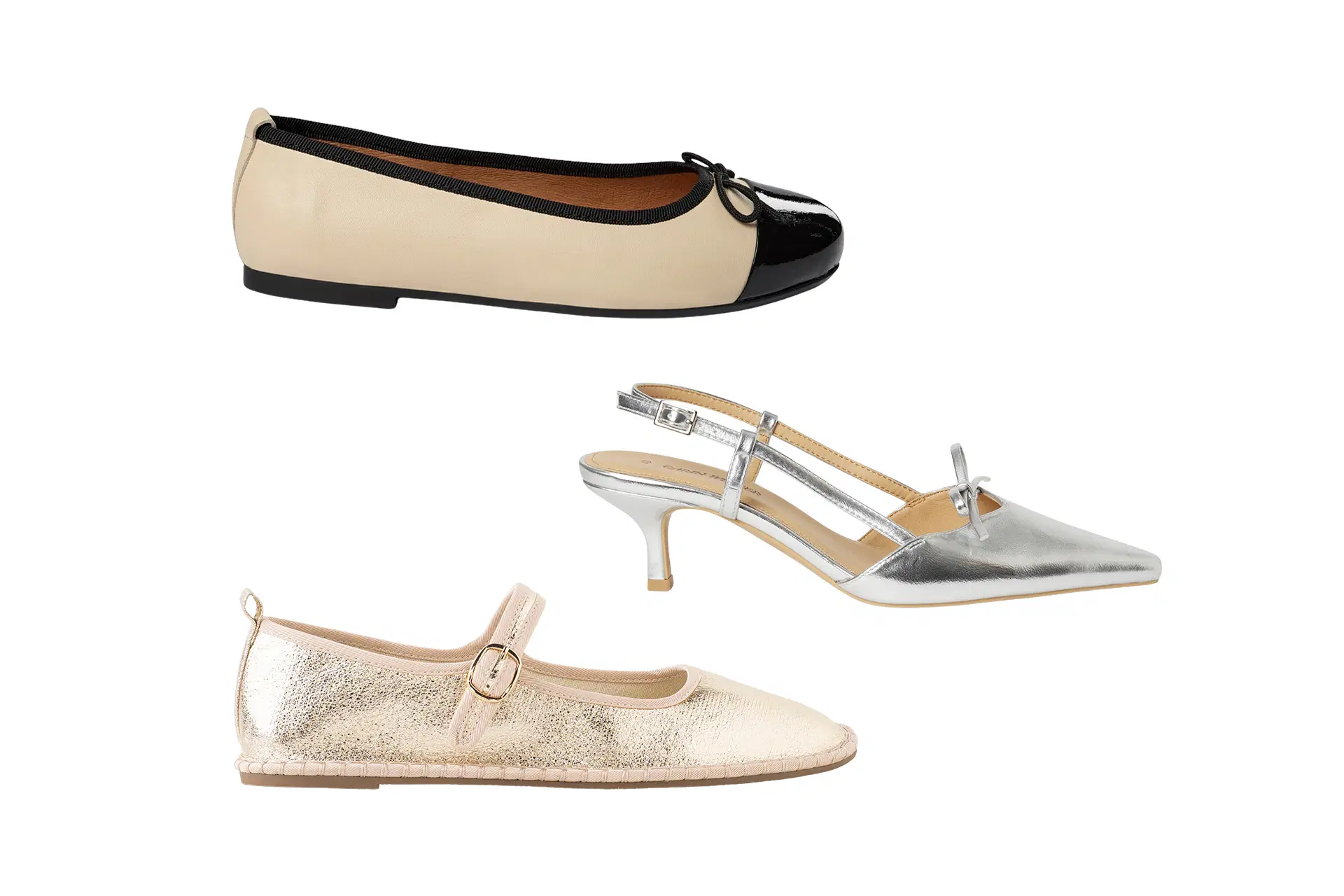 Kolmet naisten kengät: beige-musta ballerina, hopeinen slingback-kitten heel ja vaalea kultainen Mary Jane.