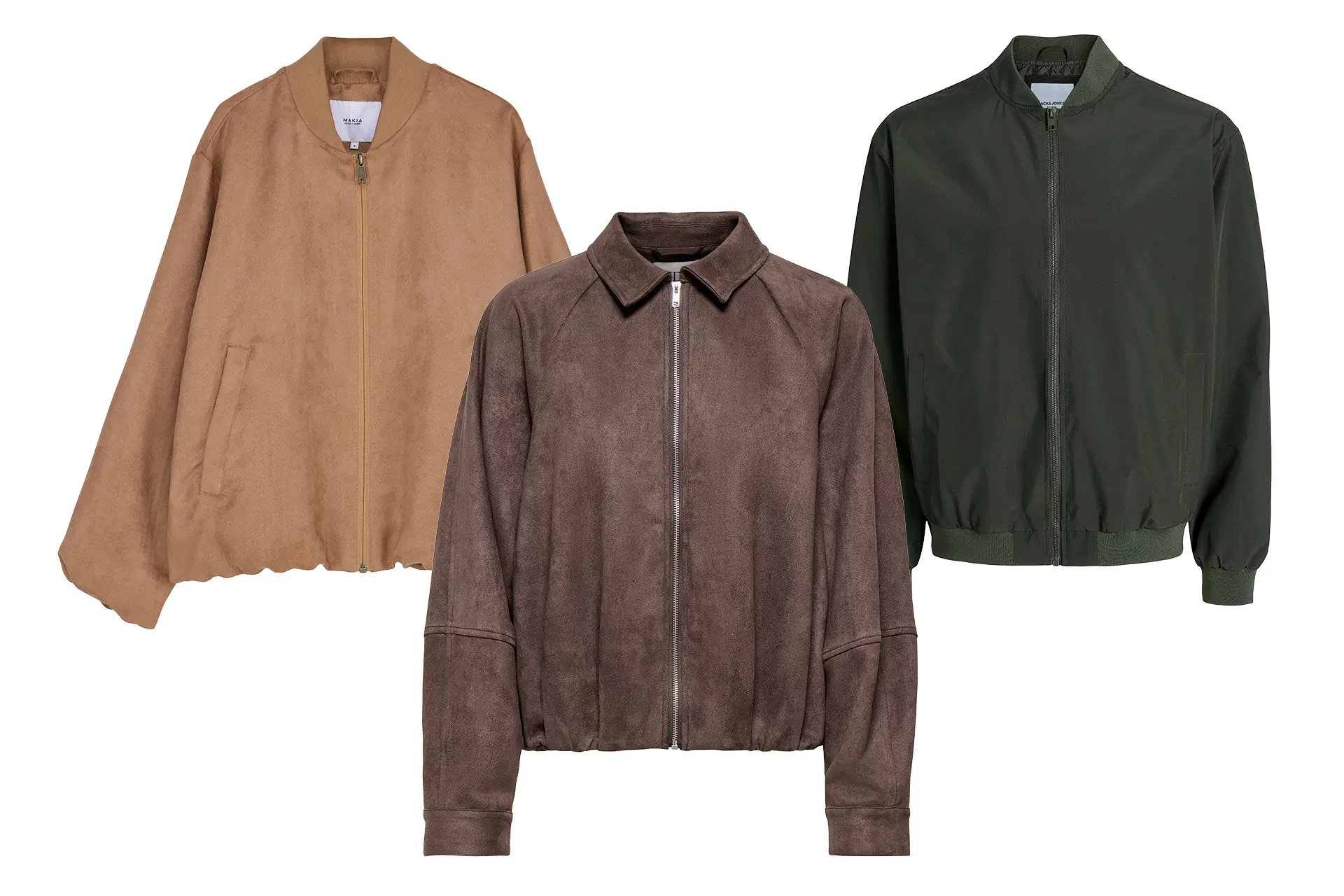 Kolme bomber-takkia vierekkäin.