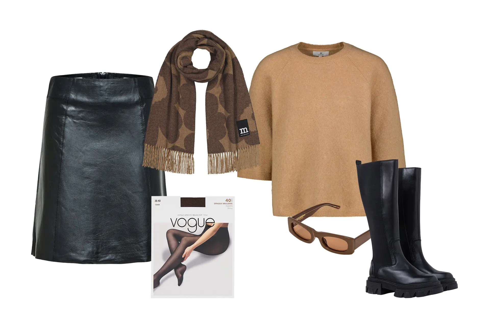 Neule, nahkahame, kengät, lasit