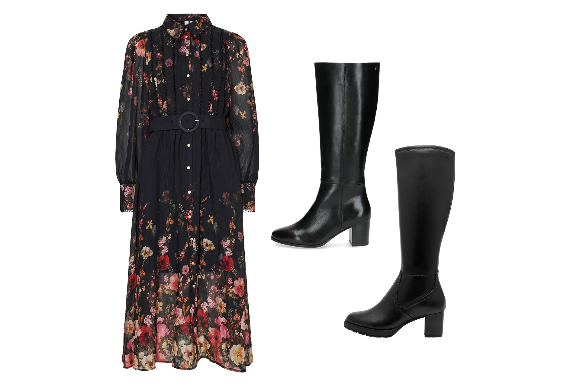 Pitkä kukkamekko ja korolliset saappaat