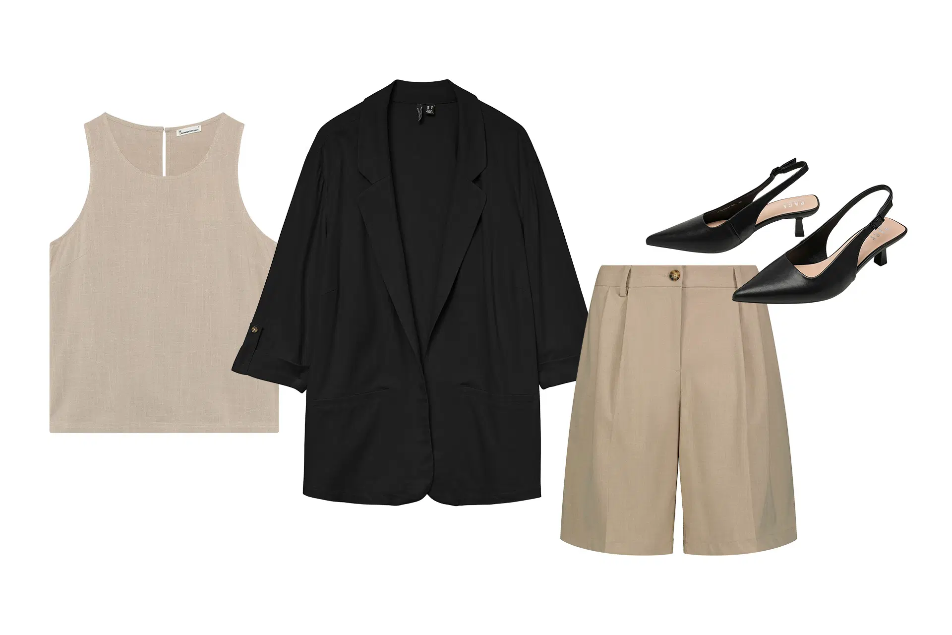 Bleiseri, toppi, slingback-kengät.