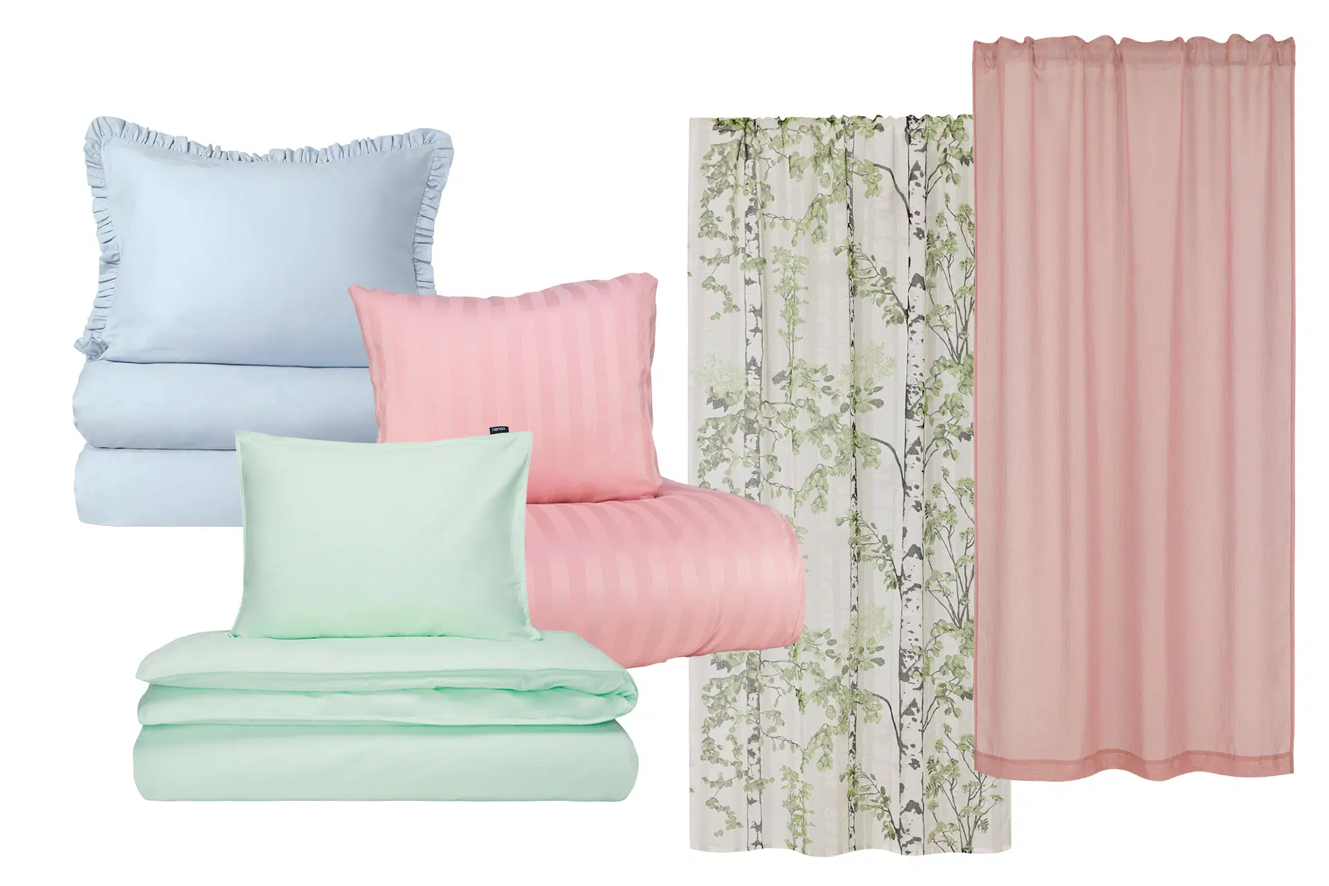 Pastellisävyisiä pussilakanoita ja verhoja