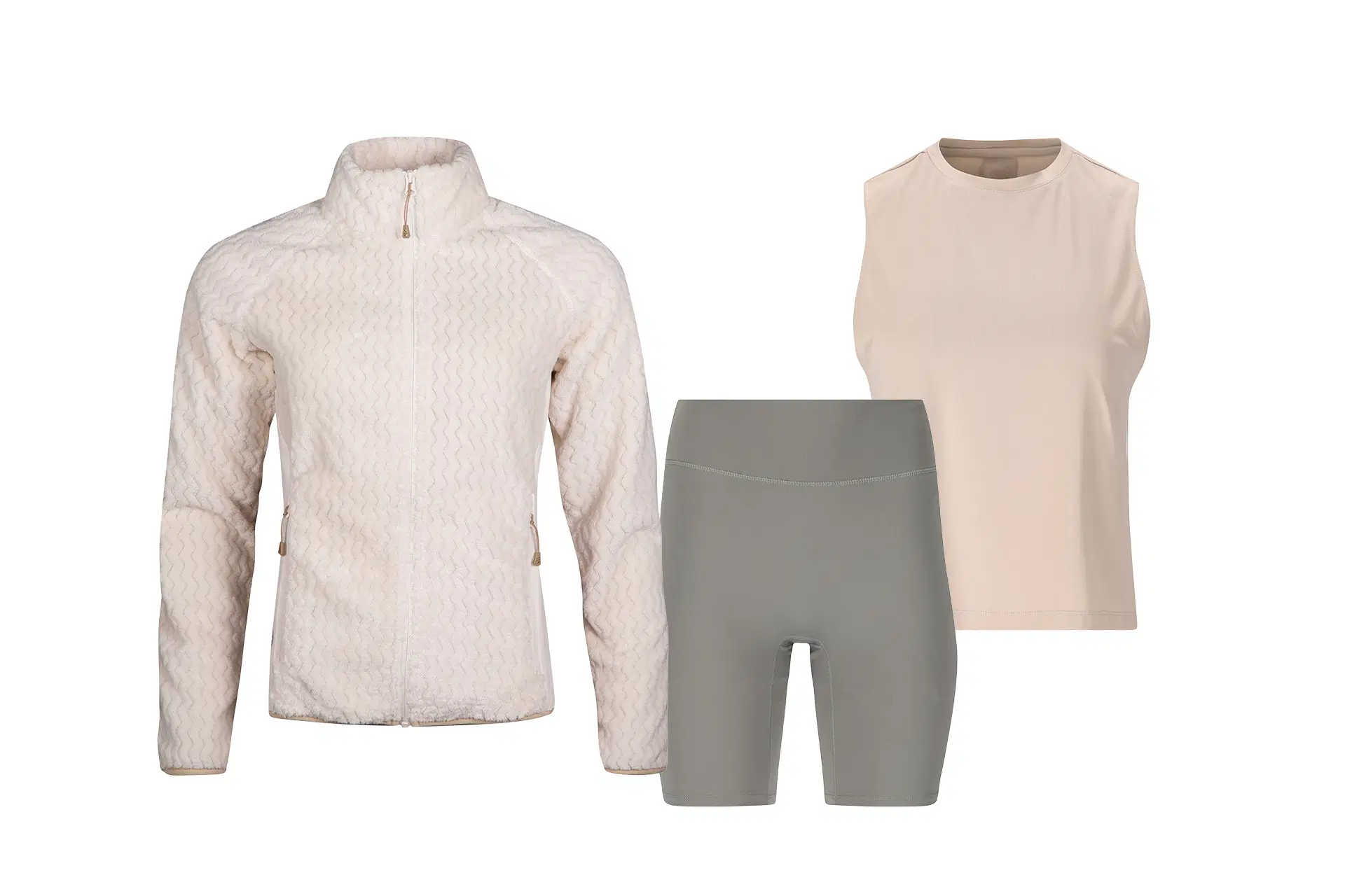 Pitkähihainen vaalea paita, pyöräilyshortsit, hihaton treenipaita.