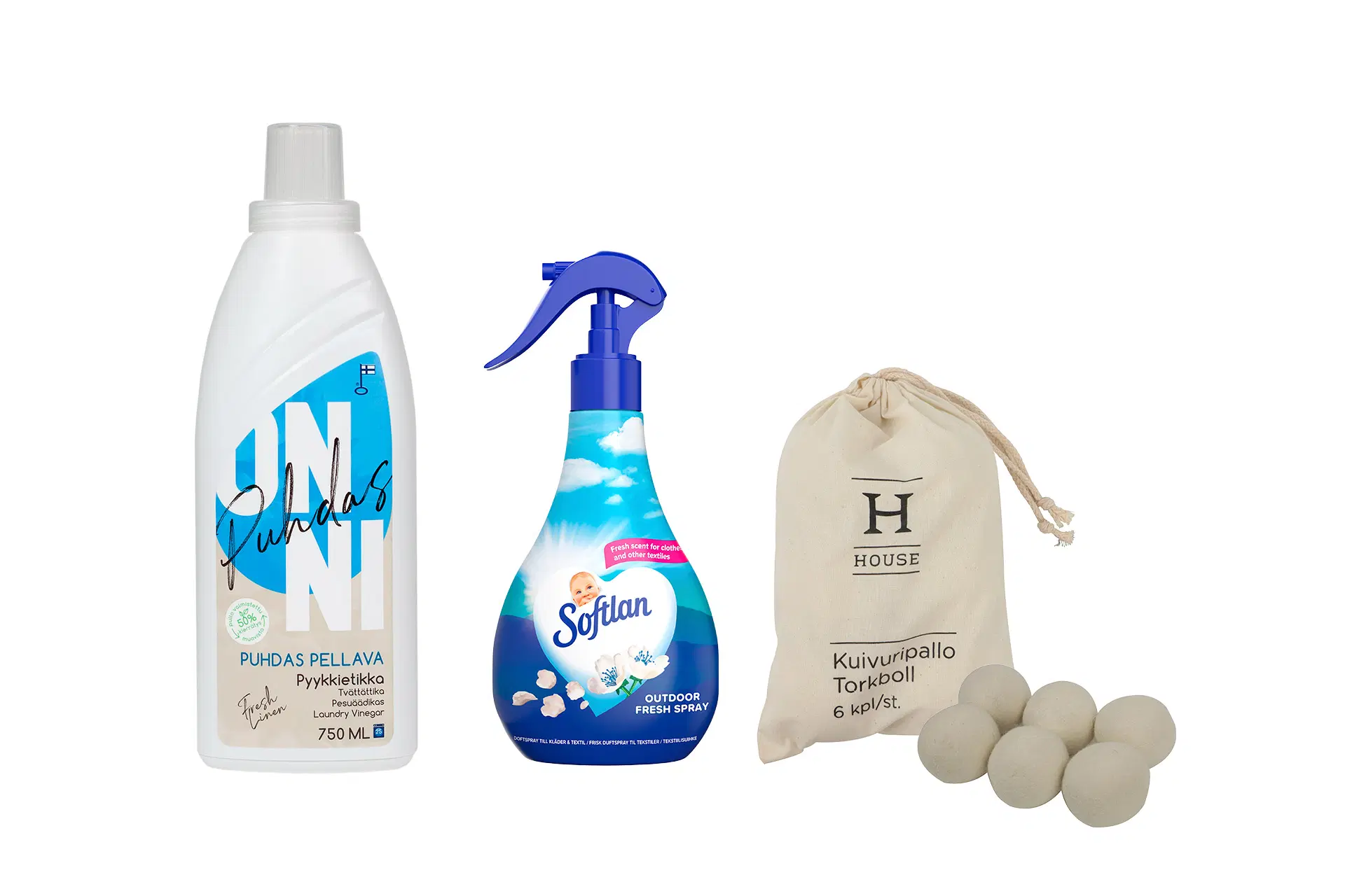 Pyykkietikka, tekstiilisuihke ja kuivuripalloja