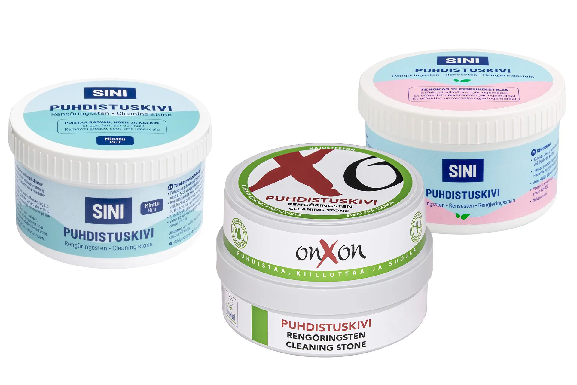 Kolme puhdistuskiveä rinnakkain.