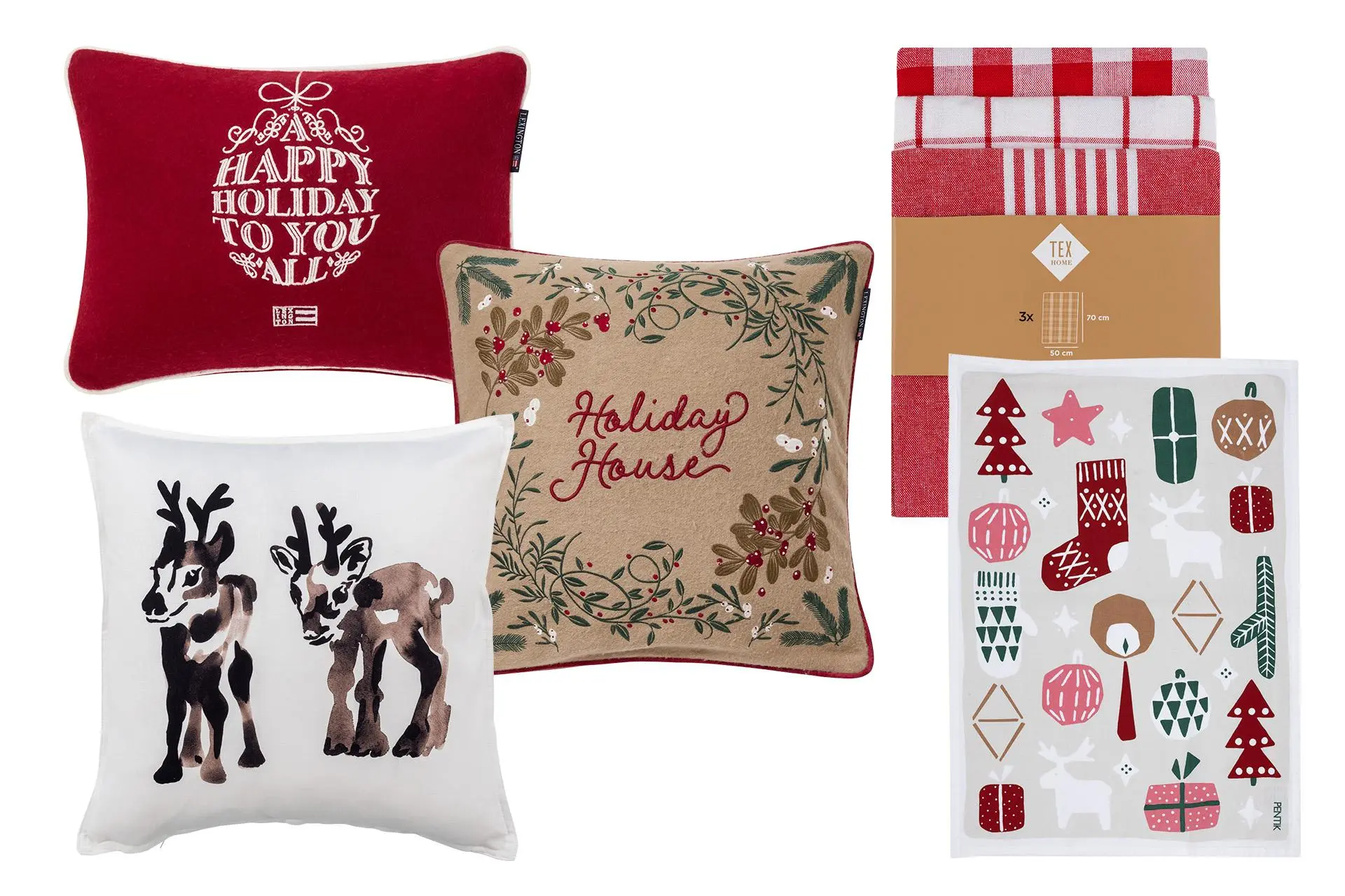 Jouluisia tyynyjä ja keittiöpyyhkeitä