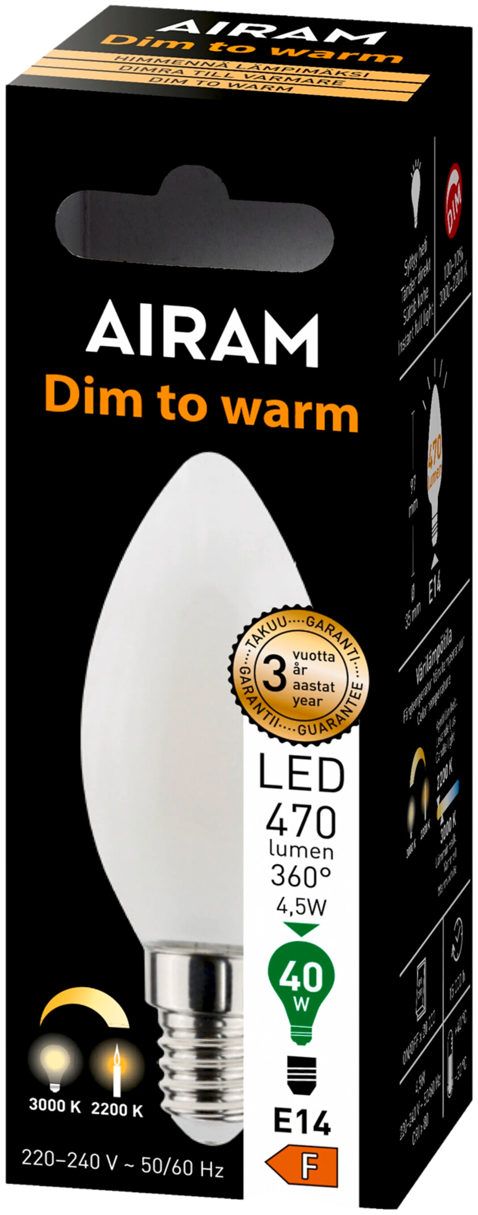 Airam LED kynttilä dim to warm 4,5W 470lm E14 - 2