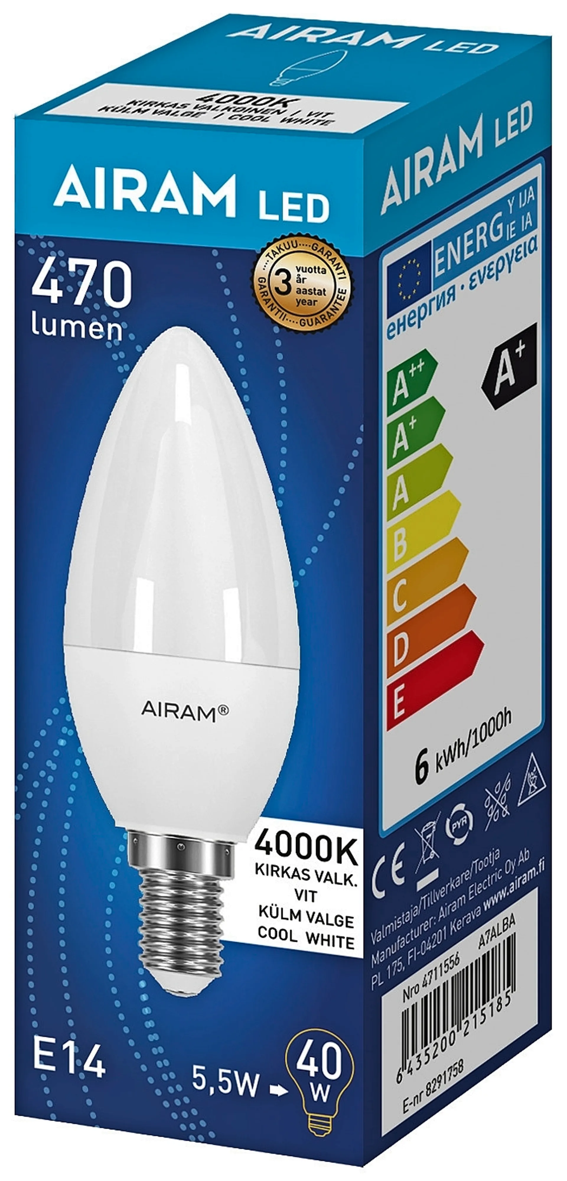Airam LED 4,9W/840 E14 kynttilä 500lm - 2
