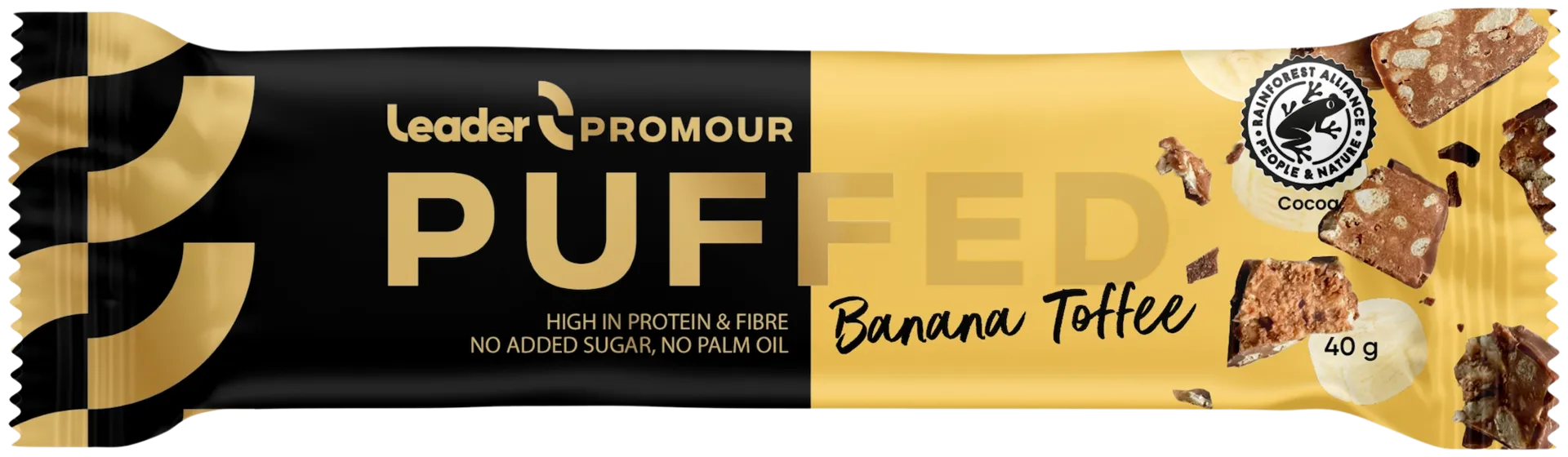 Leader Promour Puffed Banana-Toffee banaanin- ja toffeenmakuinen riisisuklaaproteiinipatukka 40 g