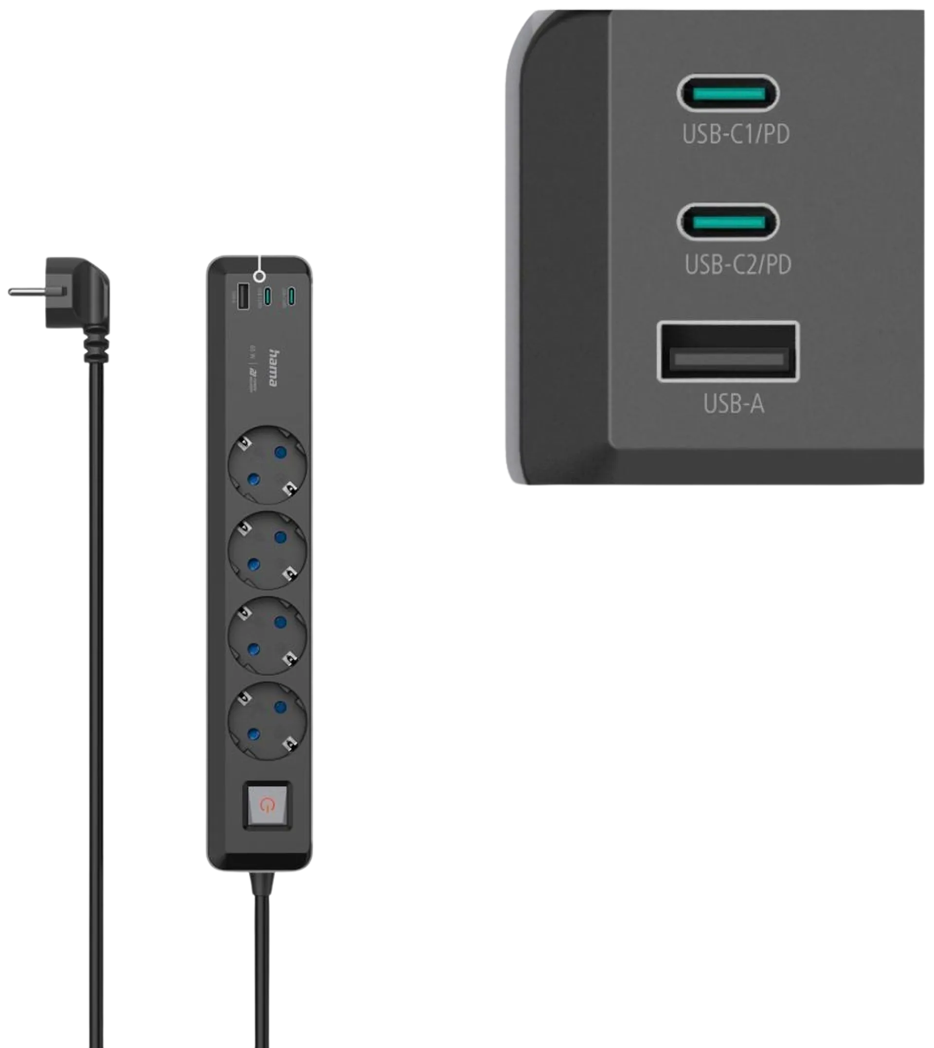 Hama Jatkojohto, 4-paikkainen, PowerDelivery, USB-C/-A 65 W, kytkimellä, 1,4 m - 3