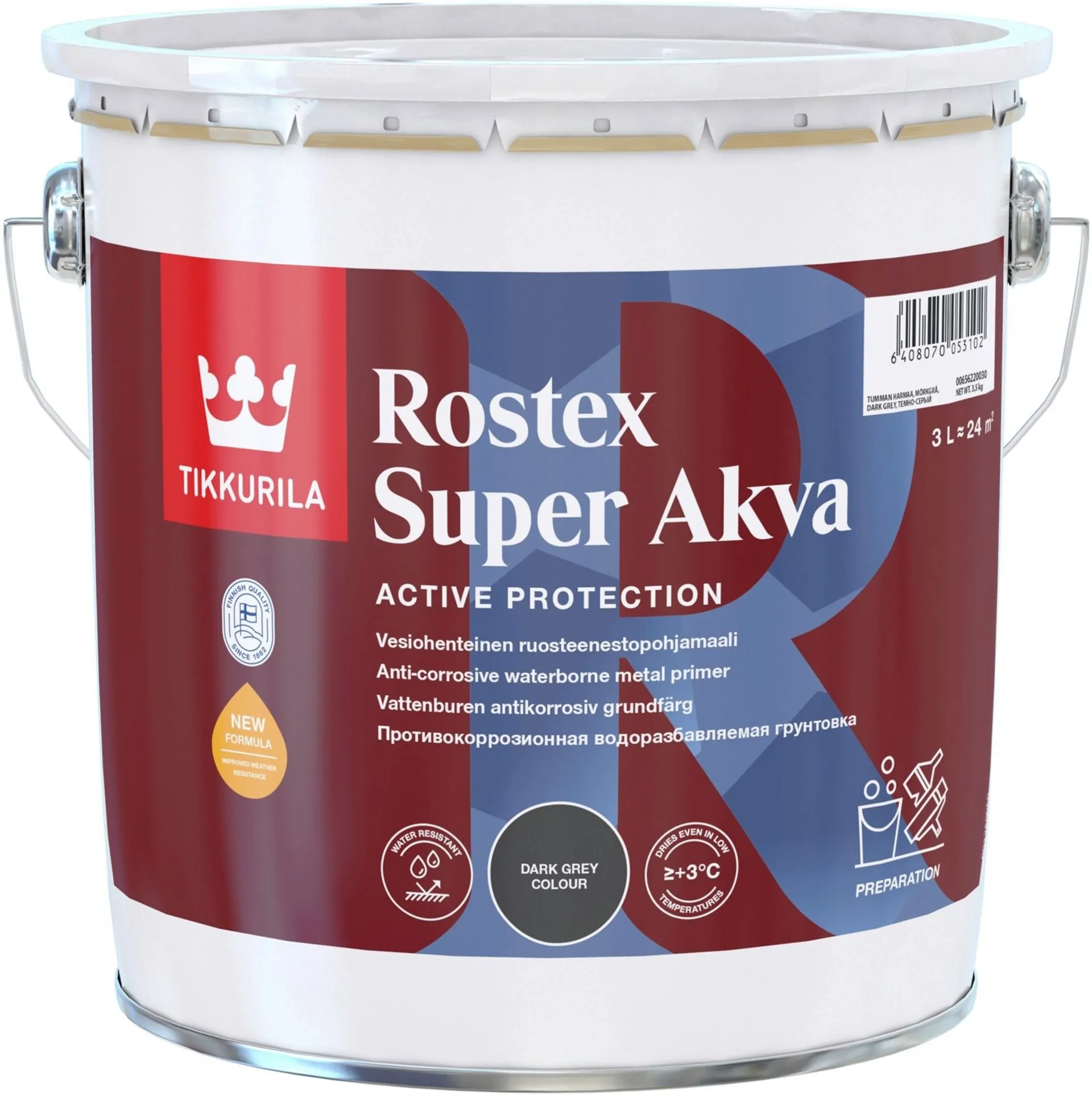 Tikkurila Rostex Super Akva ruosteenestopohjamaali 3l tummanharmaa