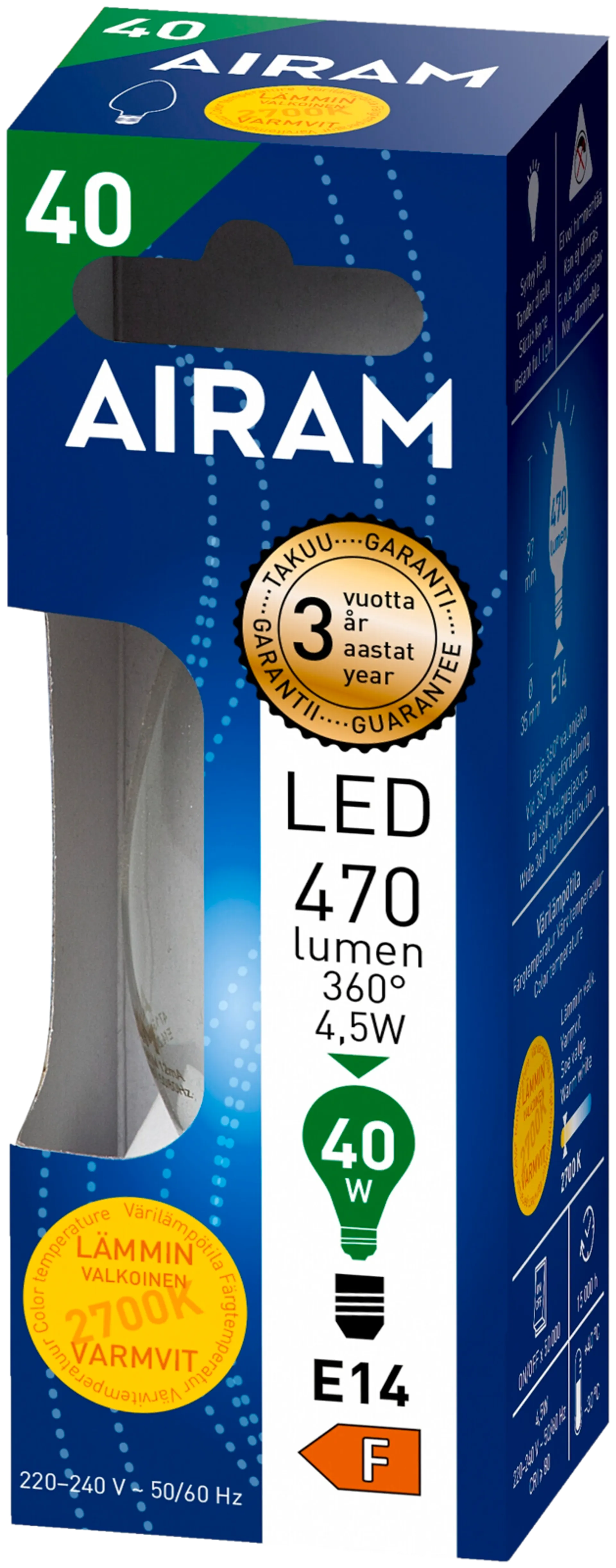 Airam LED-kynttilälamppu 4,5W E14 470LM 2700K - 2