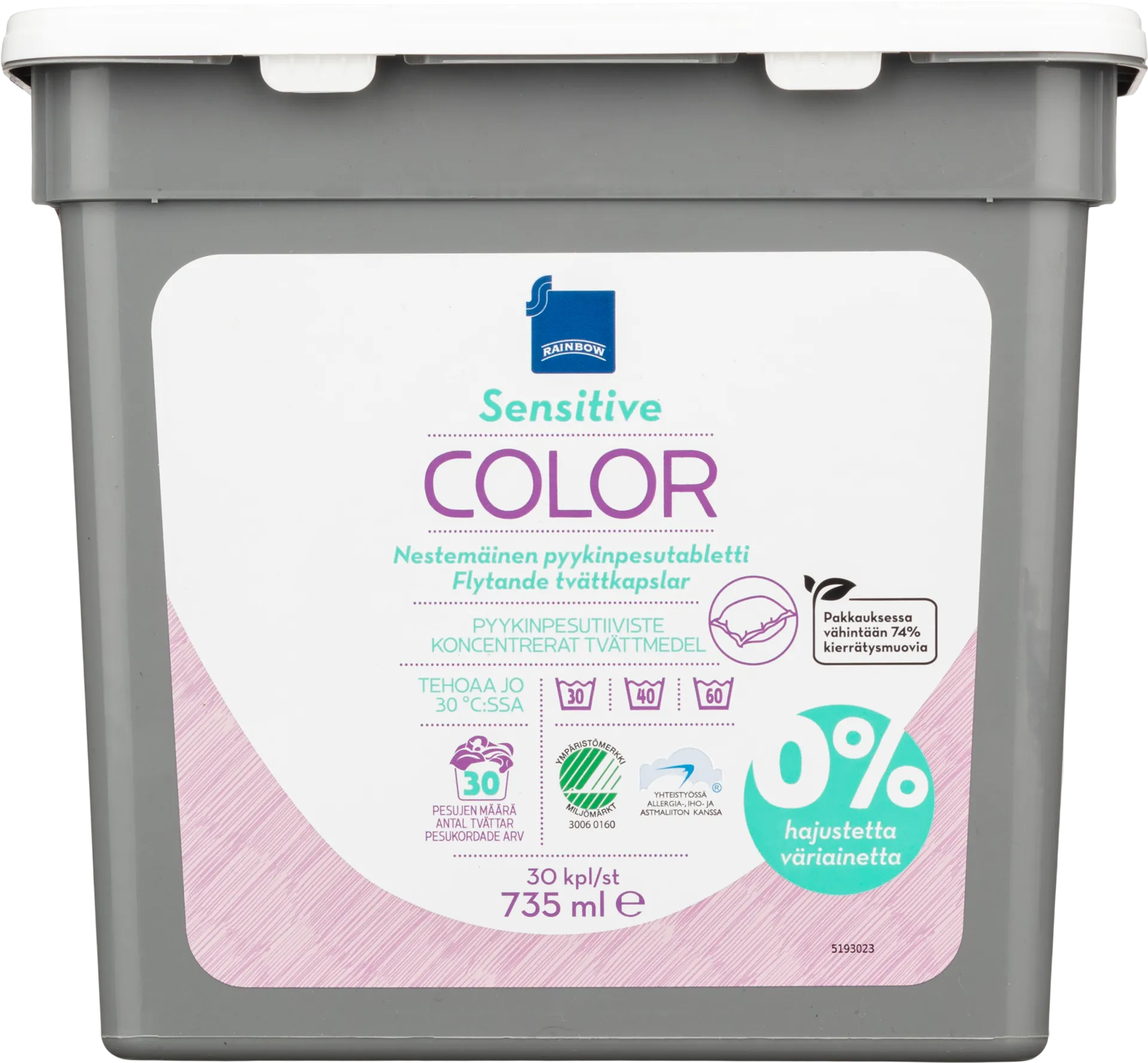 Rainbow Sensitive Color nestemäinen pyykinpesutabletti 30 kpl