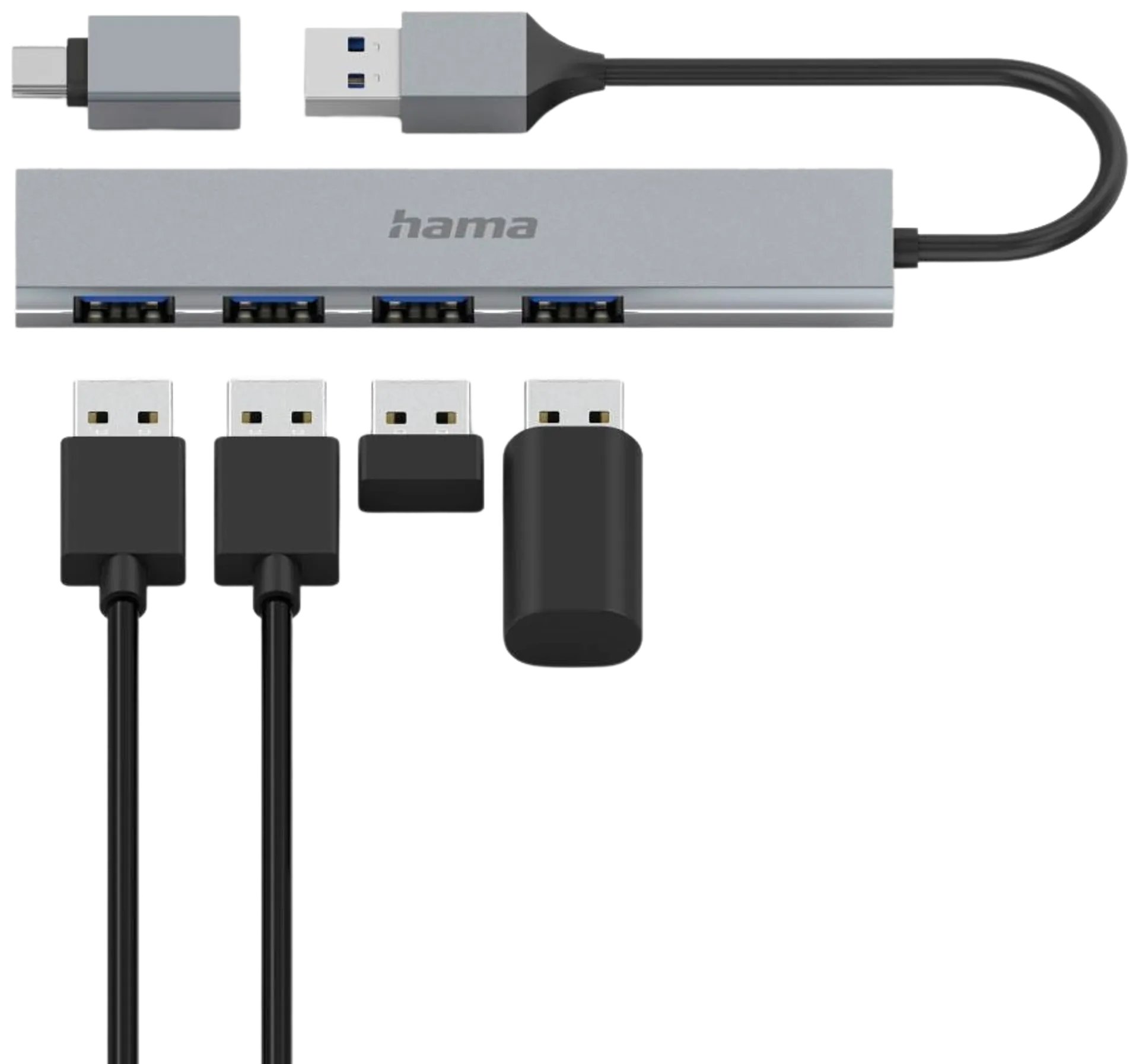Hama USB-hubi, 4-porttinen, USB-A uros, USB-C adapteri, 4 x USB-A, USB 3.2 Gen 1, 5 Gbit/s, Ultra-slim, 0,15 m - 4